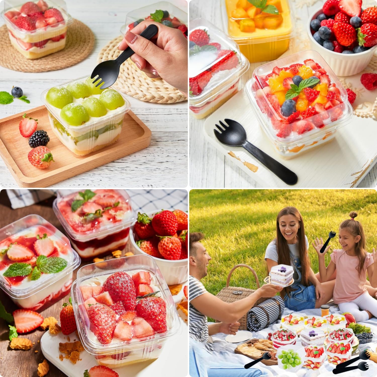 LATERN 50 Pezzi Tazze da Dessert in Plastica con Coperchi, 240ml /8oz Coppe da Dessert Quadrate Scatole di Antipasto Semifreddo Trasparente Ciotola da Portata Riutilizzabile con Forchette per Festa