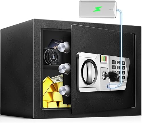 TOTOY Caja de seguridad ignífuga pequeña de 1.5 pies cúbicos para documentos del hogar con alimentación externa tipo C, caja de seguridad de acero