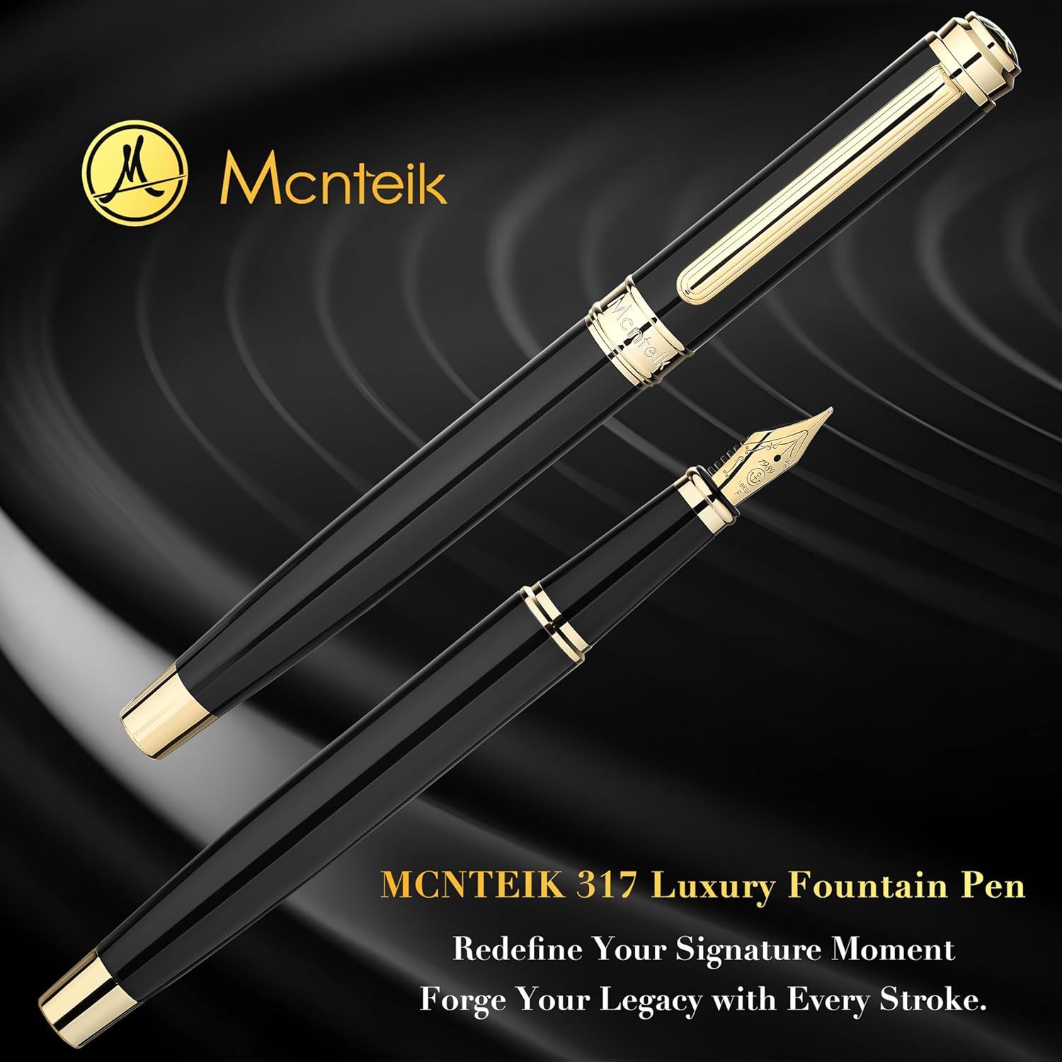 MCNTEIK 317 Fountain Pen,Stunning Luxury Black Piano Lacquer,18K Gilded Nib(Fine),Gorgeous 24K Gold Finish, Ink Converter,Fancy Gift for Men&Women-Elegant,Executive,Office,Nice Pens for Writing
