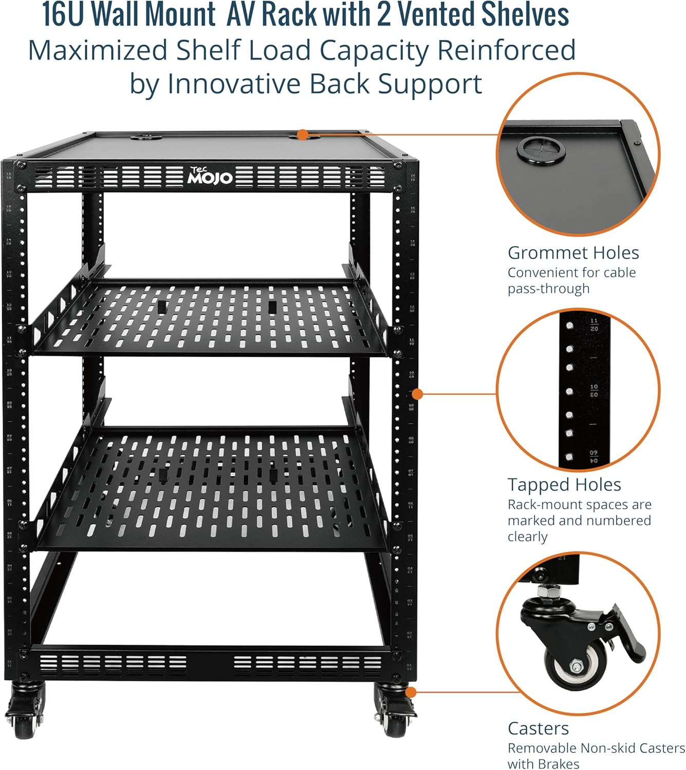 Tecmojo 16U Open Frame Network Rack for IT &AV Gear, AV Rack 4-Post with casters, Mobile 16U Rack with 2 PCS 1U Server Rack Shelf & Mounting Hardware, for 19" Network,Audio and Video Device 16U with Casters image 4 of 6 B0CY2113VD