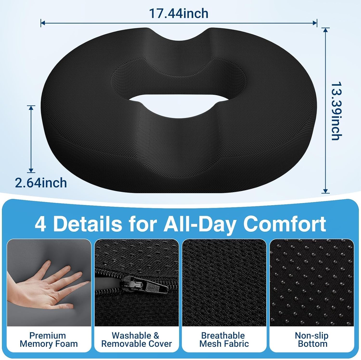 CushZone Donut Pillow Seat Cushion for Postpartum Pregnancy, Large Ergonomic Chair Seat Cushions, Office Chair Cushion, Breathable Hemorrhoid Pillow, Lifting Chair Pads for After Surgery(Black)