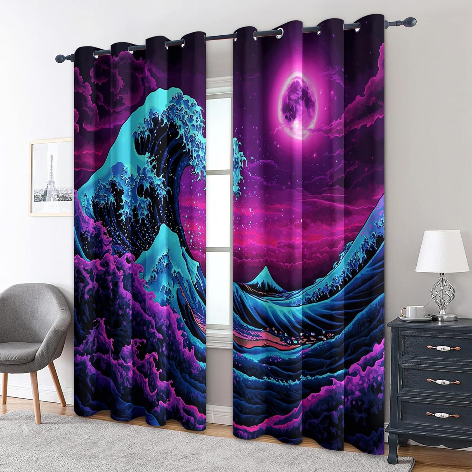 Japanese Curtains Blackout - Japanese Wave Window Curtains, Great Wave Curtain for Bedroom Living Room, Neon Vaporwave Blackout Curtain 96 Inches Long, Home Decor Drapes 2 Panel Sets