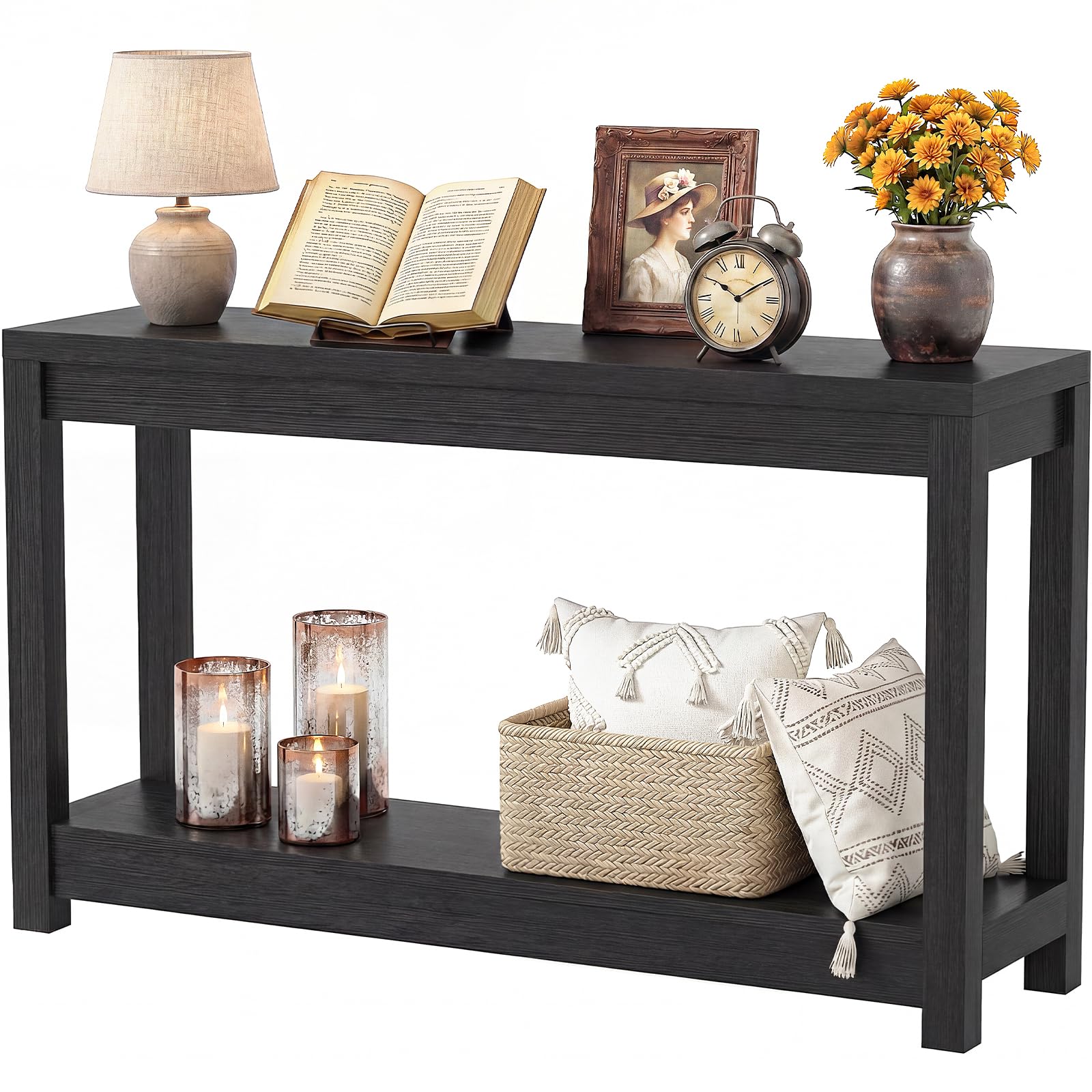 iSunirm Tavolino Console Stretto 120cm, Mobile Ingresso in Legno Stile Farmhouse, Consolle Sottile con Ripiani, Tavolo Dietro Divano o Libreria Salvaspazio, Nero Venatura a Rilievo