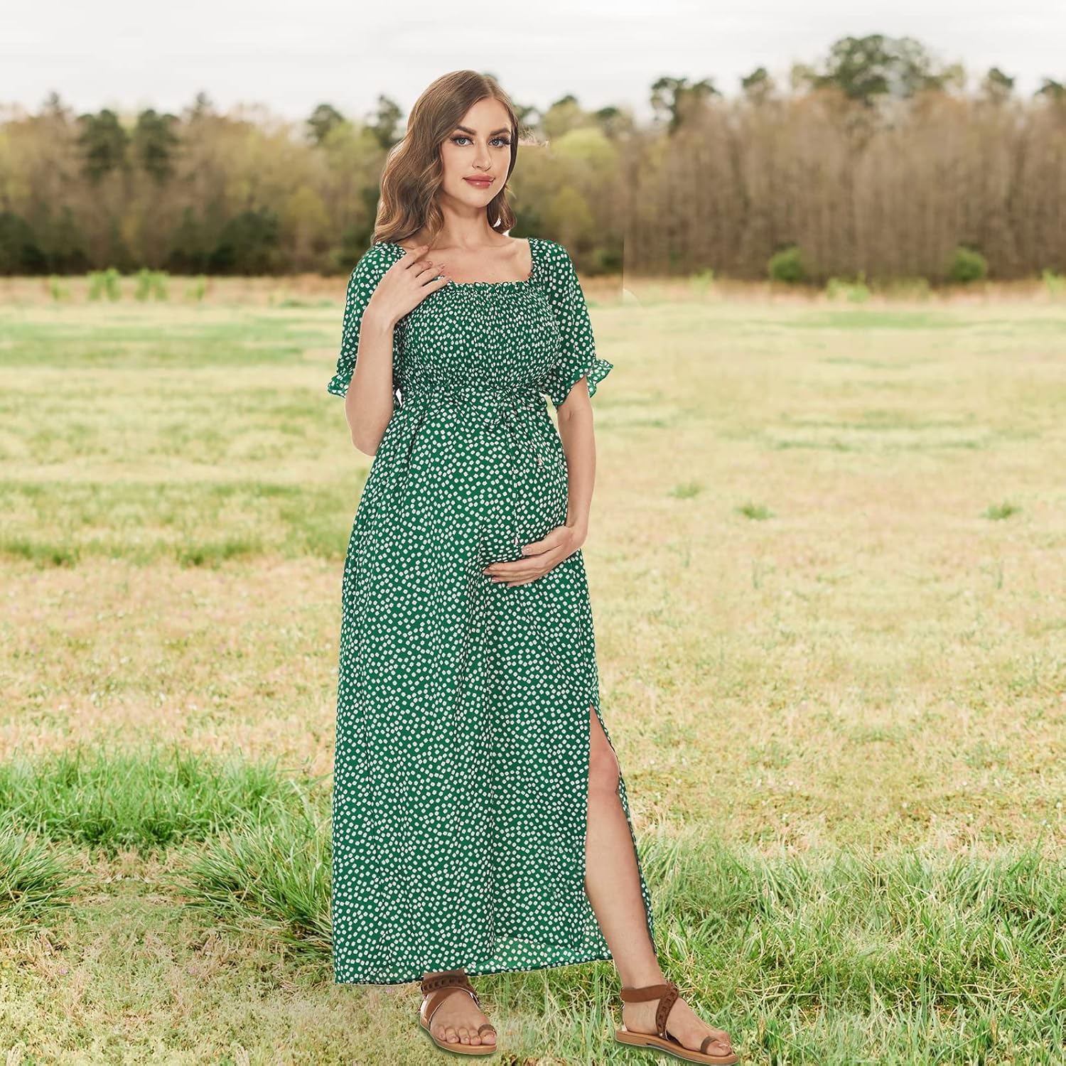 Floral Maternity Dress Square Neck Puff Sleeve Smocked Boho Photoshoot Baby Shower Pregnancy Dresses - Image 2