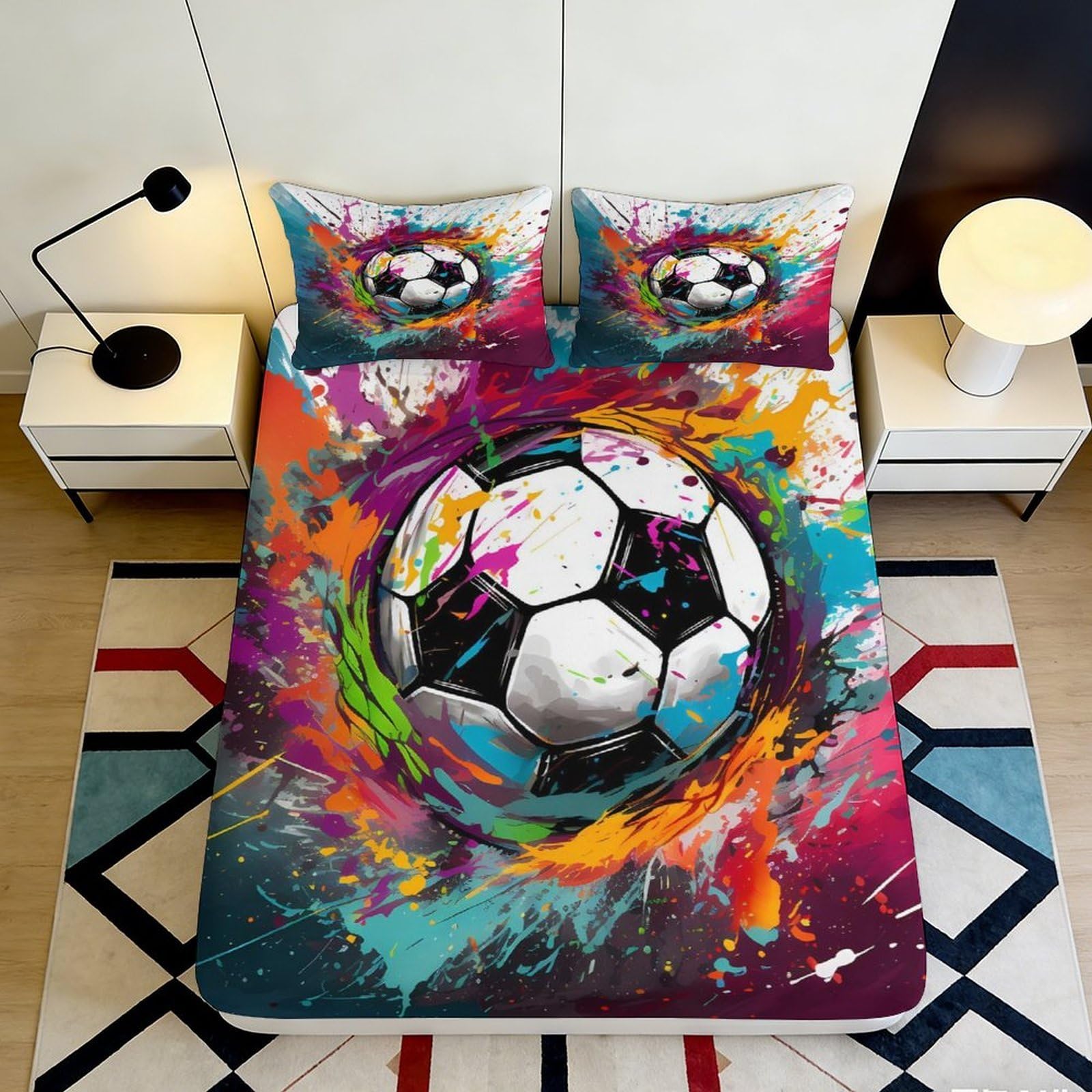 3D Printed Colorful Soccer Ball Fitted Sheet Microfiber Soft Breathable Splash Pattern Mattress Cover for Bedroom Dormitory Guest Room Mattress Protection 90x200x25cm