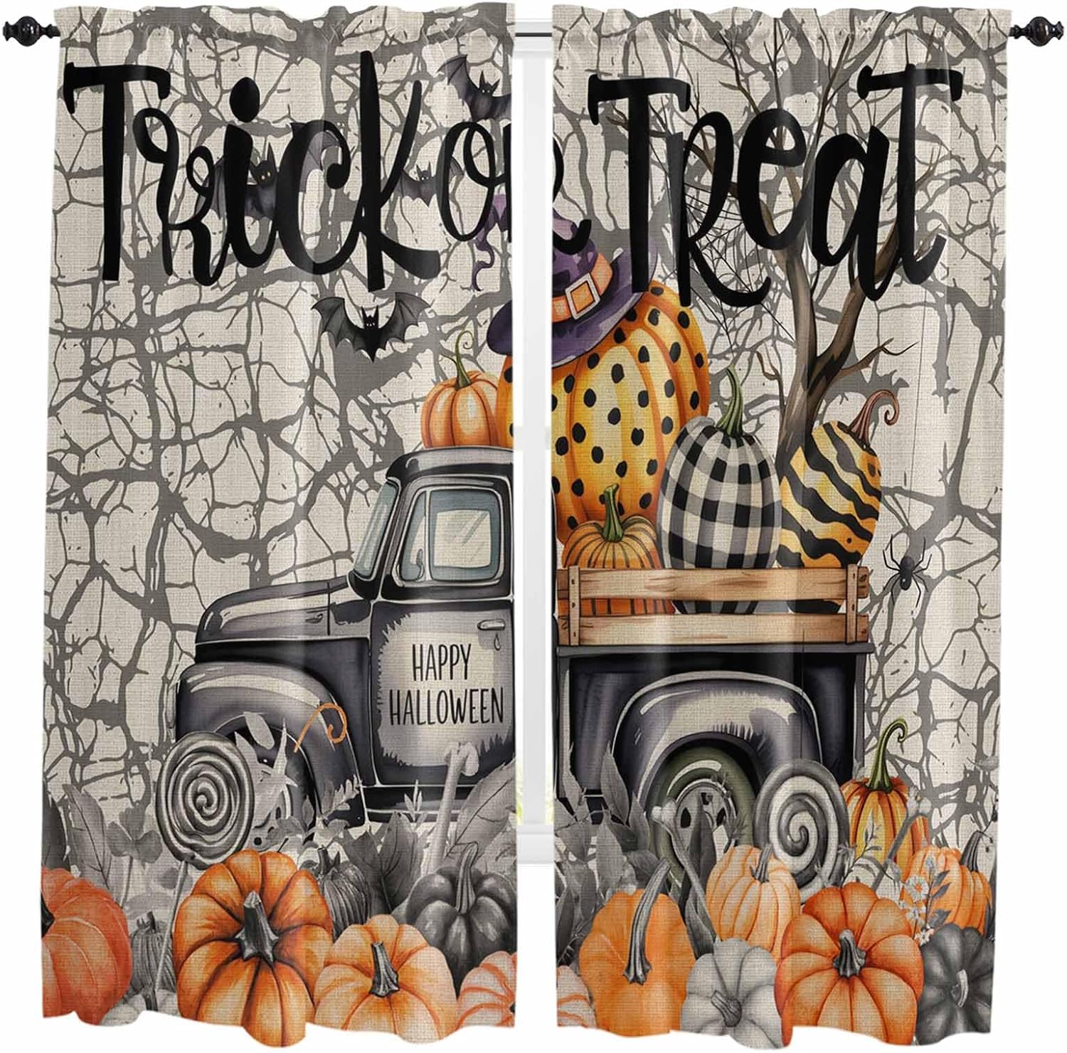 Halloween Kitchen Curtains, Retro Scary Pumpkin Truck Tree Branches Cobweb Light Filtering Window Curtain Panels, 2Pcs Rod Pocket Window Treatments Set for Cabin Bathroom Bedroom 52x45 Inches