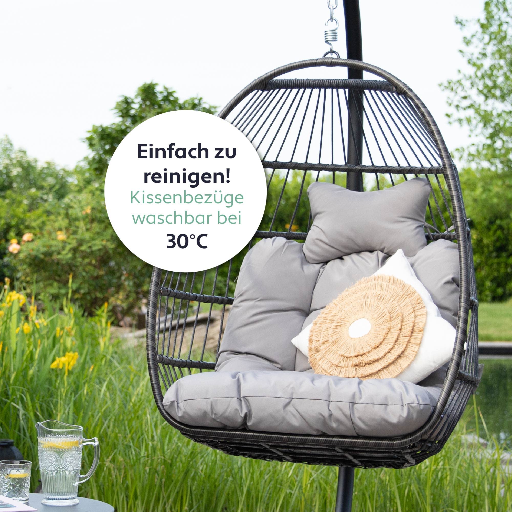 VITA5 Hängesessel mit Gestell - Bequemer Hängekorb Sessel - Rattan Hängesessel Outdoor und Indoor - Boho Egg Schaukel für Terrasse&Leseecke - 150 kg Tragkraft (Grau)
