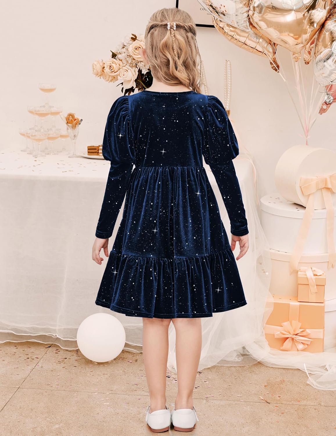 Arshiner Toddler Velvet Dress Girls Puff Long Sleeves Crew Neck Party Fall Winter Ruffle Dresses with Pockets 2-8Y - Image 6