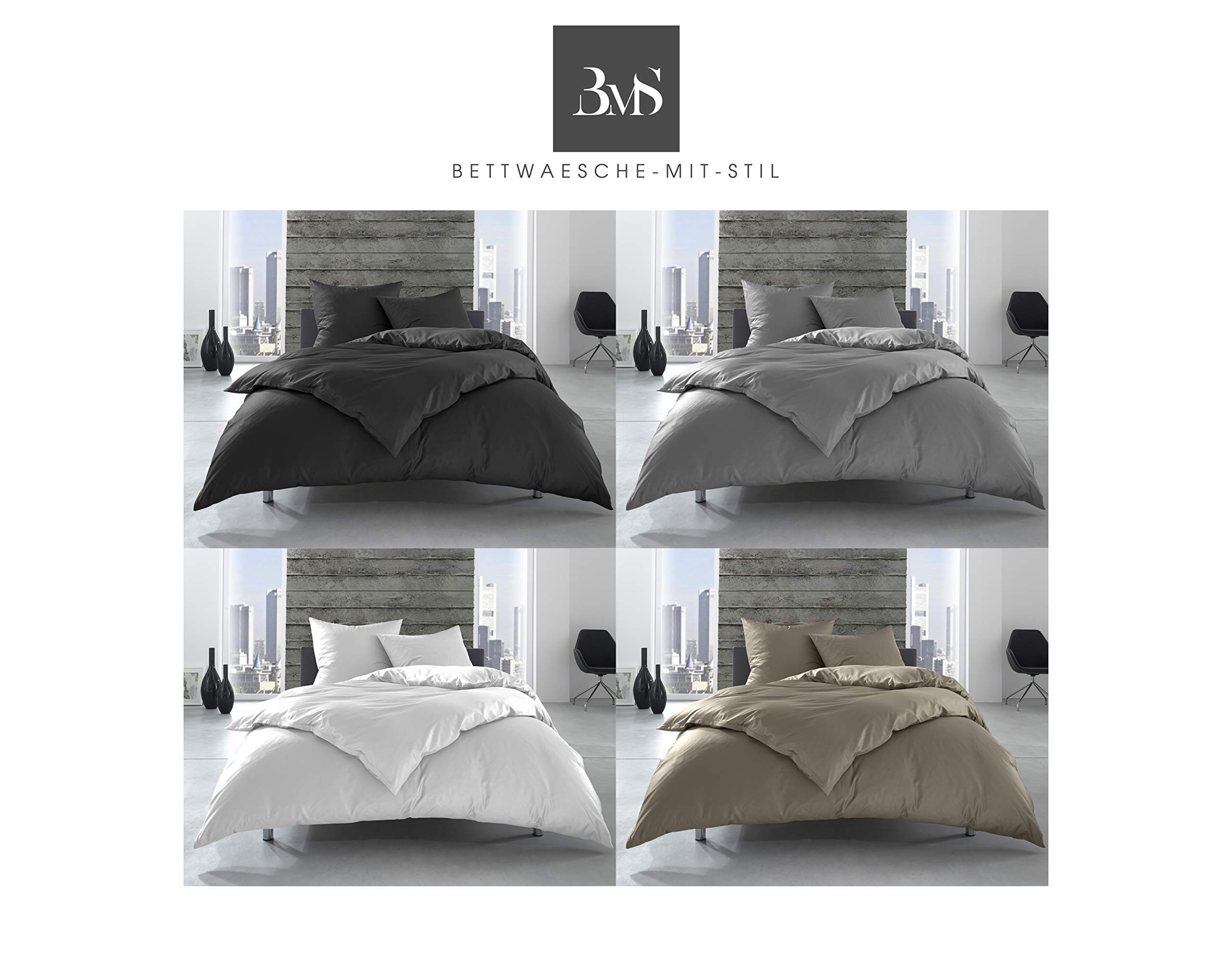 Bettwaesche-mit-Stil Hotelbettwäsche Garnitur Lia Linon/Renforcé 100% Baumwolle anthrazit Uni einfarbig mit Reißverschluss (155 cm x 220 cm + 80 cm x 80 cm)