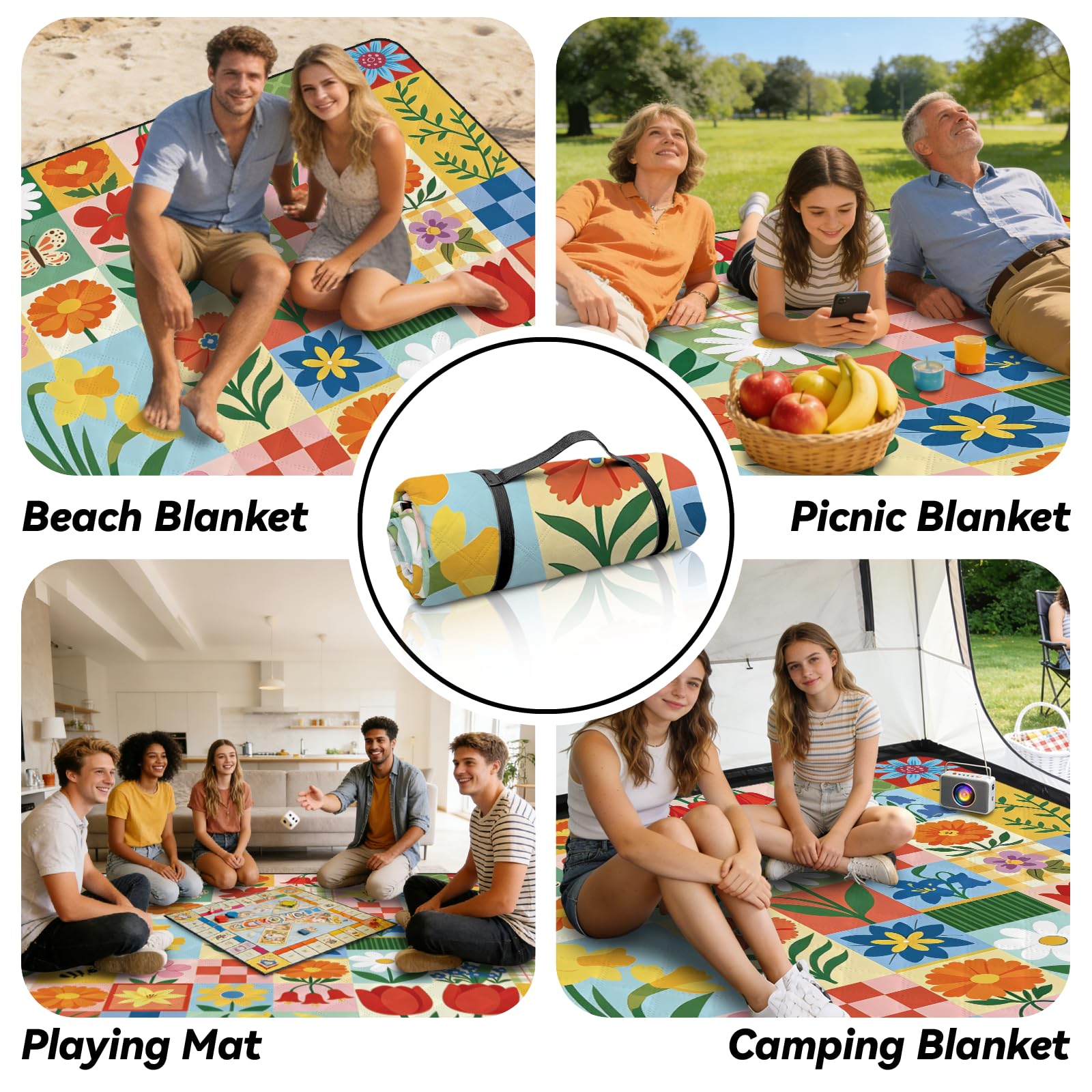 MAYJOYDIY Couverture de Pique-Nique Extra Grande Florale 2x2m Couverture de Plage imperméable à Fleurs de Papillon Pissenlits Tulipes Tapis de Pique-Nique Pliable avec Sangle de Transport