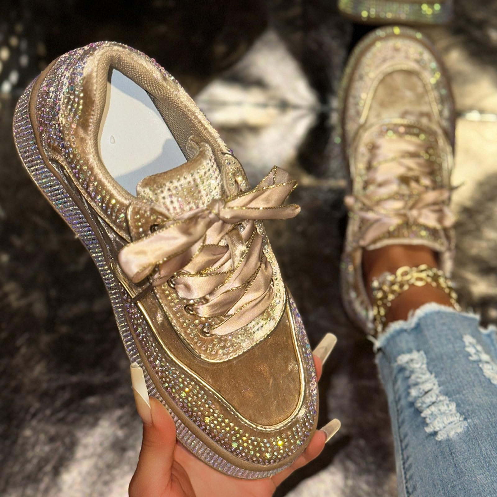 Zapatillas Deportivas de Plataforma con Brillantes de imitación, Ideales para un Estilo Casual y Deportivo. Diseño cómodo, Ligero y fácil de Poner para Uso Diario.
