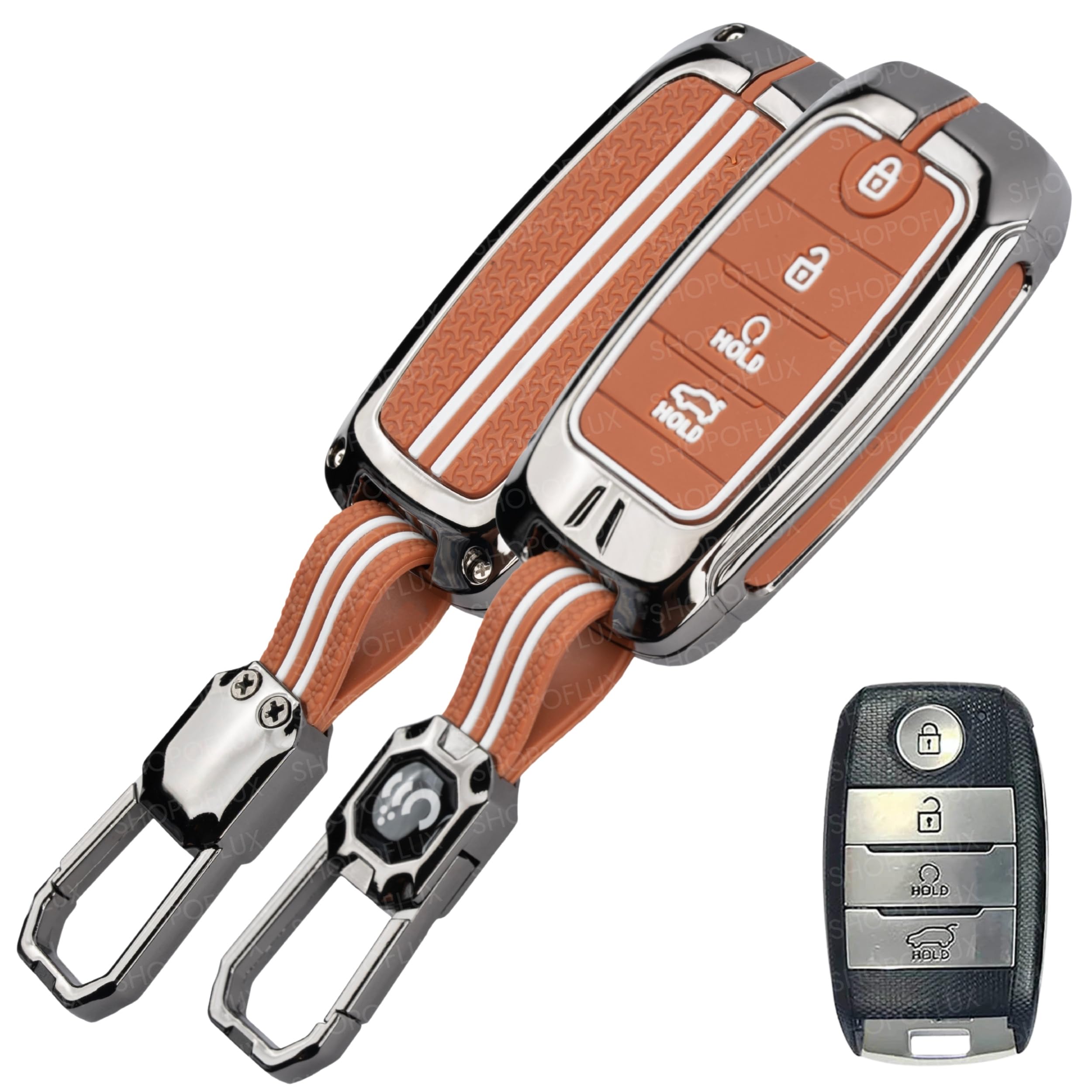 SHOPOFLUX Metal Key Cover Compatible with Kia Seltos | Sonet | Carens 4 Button Smart Key (Brown Silicone (Pack 1))