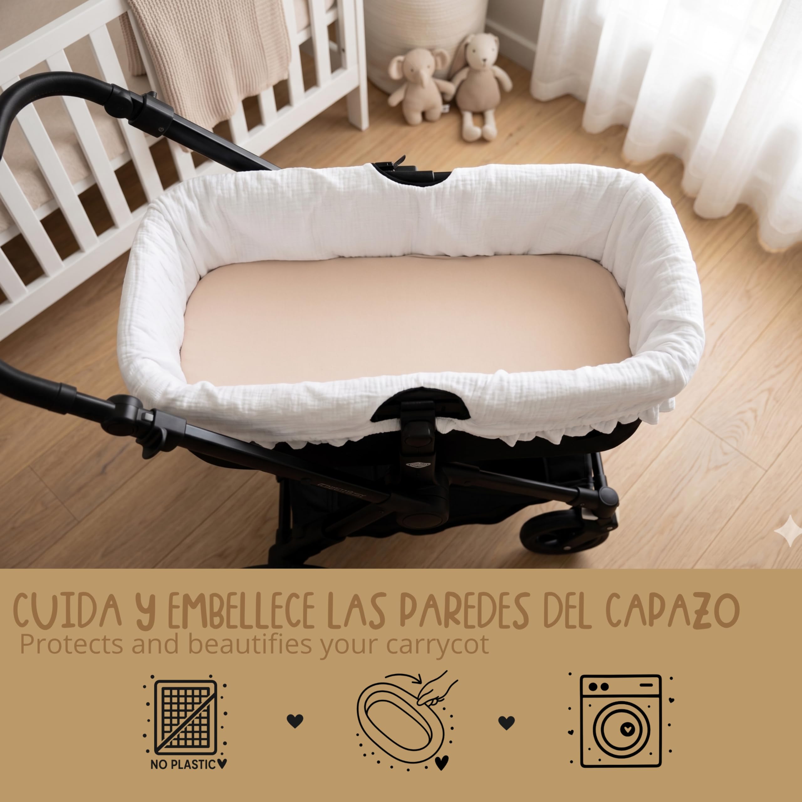 Thermikoa Housse de nacelle universelle pour bébé en bambou avec volants en coton respirant Intérieur effet nacelle plus propre et confortable