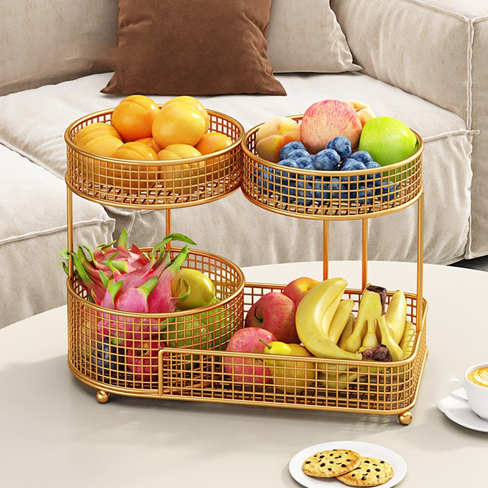 YYLMKMFC-AE 2 Tier Fruit Basket For Kitchen Counter Metal Bowl Vegetable Storage Corner Stand Bread Snack Veggies Holder Organizers(Gold,40x20x28cm)