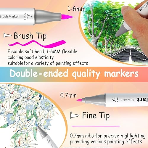 Miniatura 6 de Caliart 61 marcadores de pincel de alcohol pastel, juego de marcadores de dibujo para artistas, pincel de doble punta y bolígrafos artísticos de