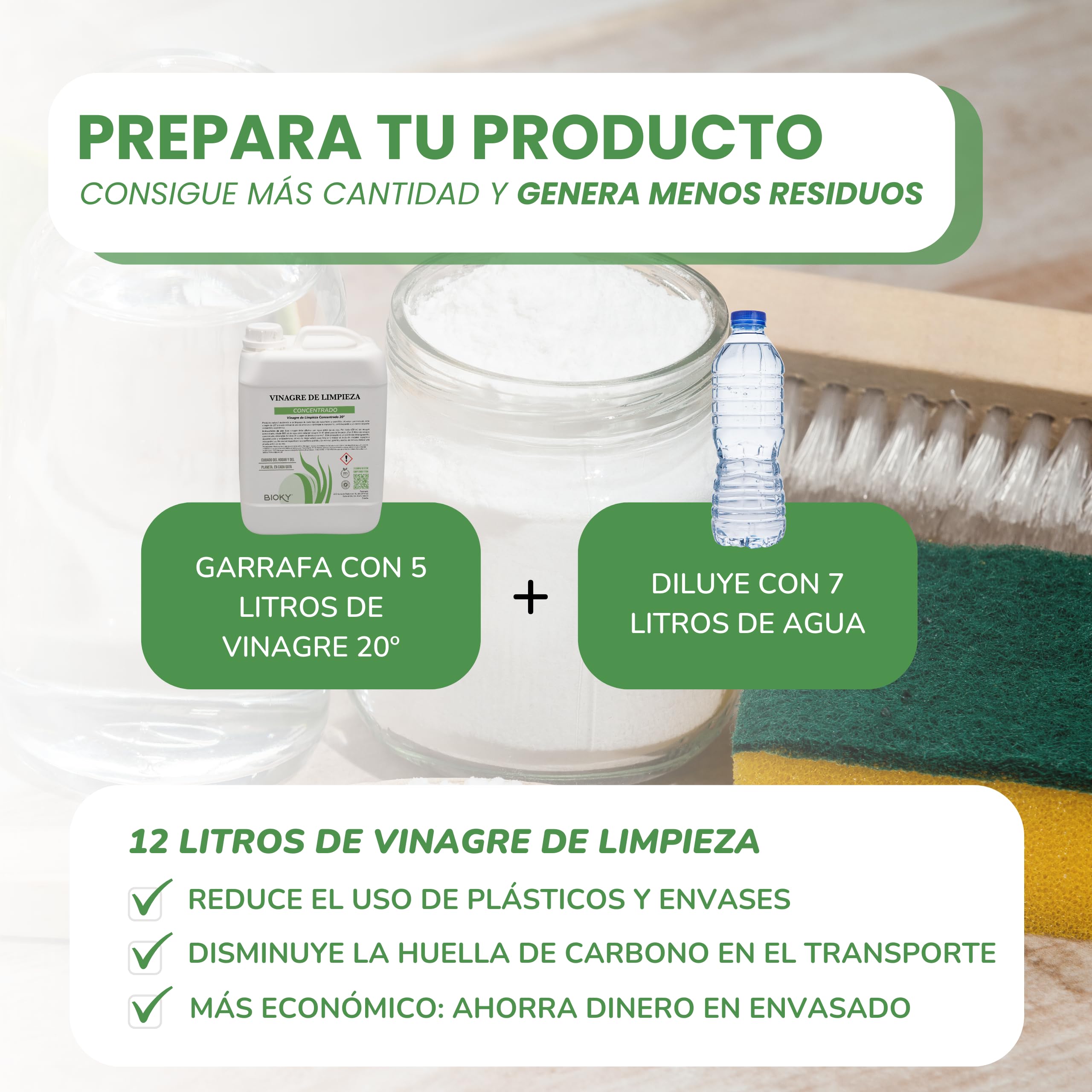 Bioky Vinagre Blanco Destilado 20º - Incluye Botella Pulverizadora - Súper Concentrado - Limpieza Multiusos - Fórmula Económica y Ecológica (5L)