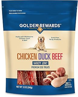 Golden|Rewards Chicken, Duck, and Beef Variety Jerky Treats for Dogs, 12 oz Bag, Made with Real Chicken, Duck, and Beef, Grain-Free, Premium High-Protein Dog Snacks, Perfect for Dogs