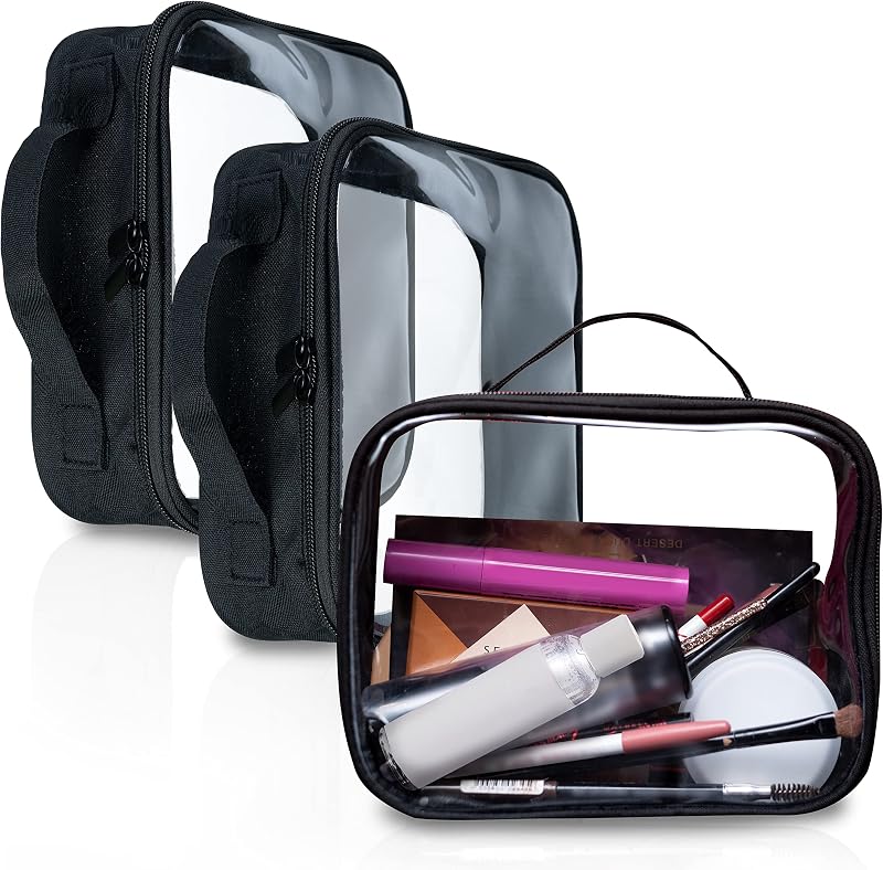 Bolsafy Necessaires transparentes com zíper, pretas, Pacote com 3
