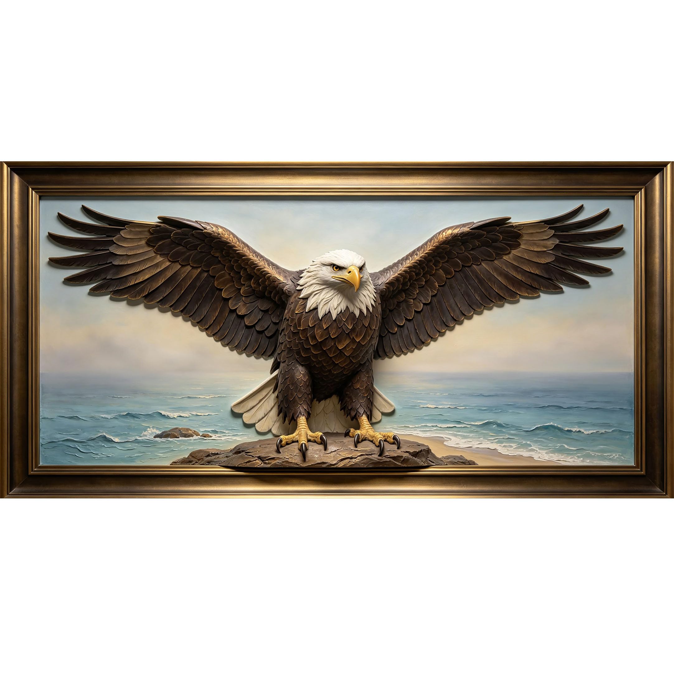 Agglomerix 3D Framed Wall Art Bald Eagle Ocean Coastal Wildlife Relief Effect Wings Feathers Rock Seaside Large Size Self-Adhesive Removable Wall Decor Prints Artwork for Living Room Bedroom Office