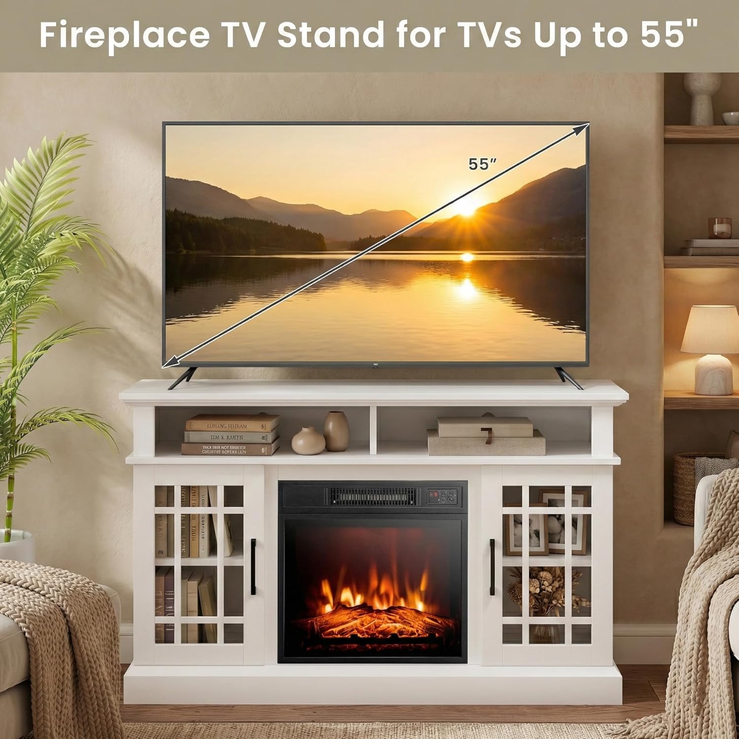 SIMOE Fireplace TV Stand Electric Fireplace 49Inch Console up to 55'' TV with 2 Shelves and 2 Cabinets with Doors, Remote Control, 3 Adjustable Flame Brightness, Media Entertainment Center, White