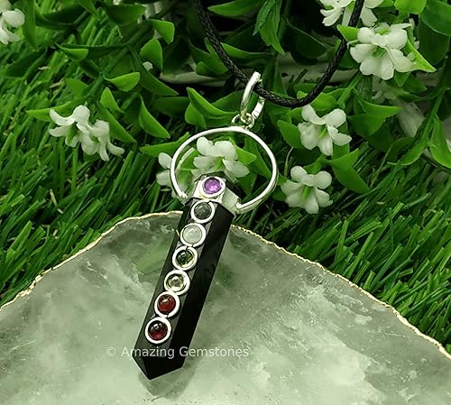 Miniatura 7 de Amazing Gemstone Shungite - Collar con colgante de lápiz de doble terminación con 7 chakras, potente colgante de protección de cristal para hombres,
