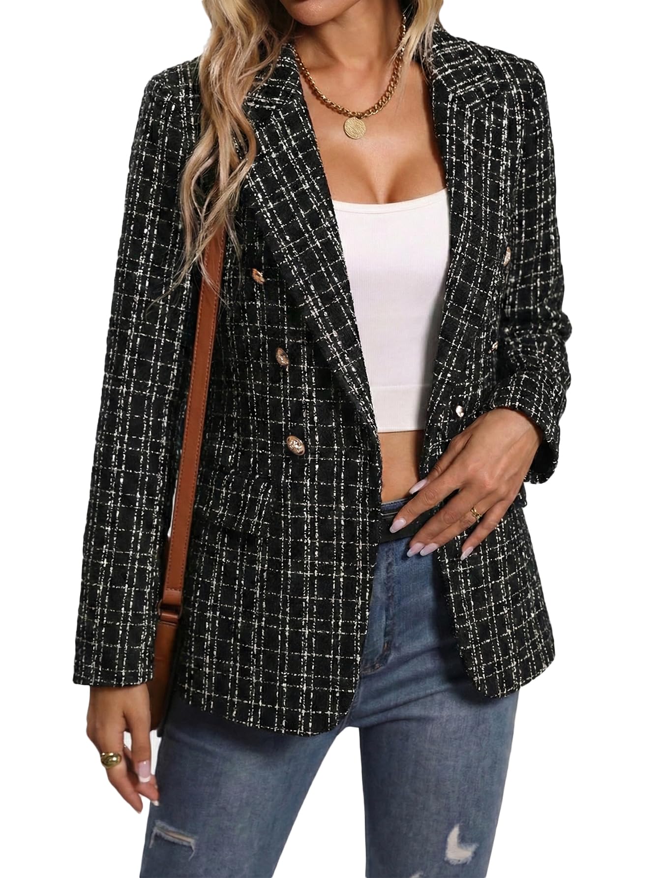 Mina Self Blazer da Donna in Tweed a Quadri, Caldo, Completamente Foderato, alla Moda, Casual, Elegante, con Tasche
