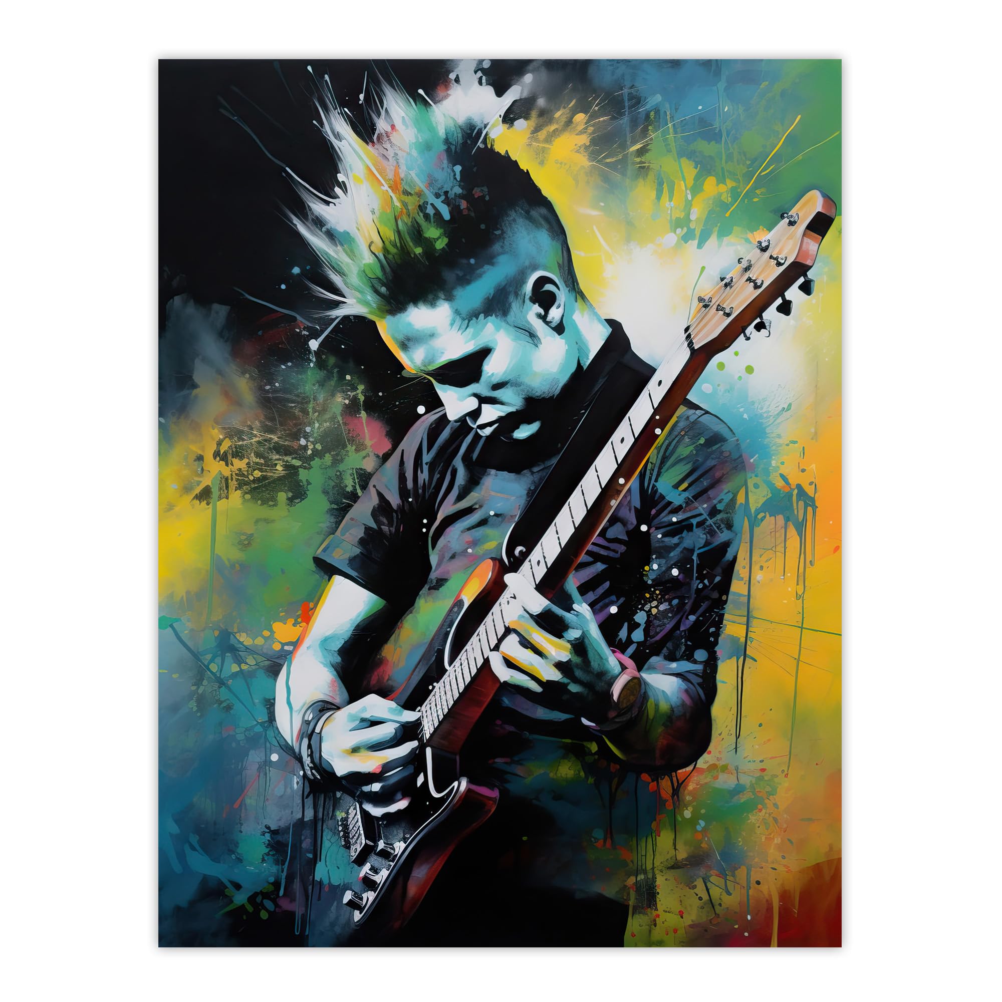 Artery8 Punk Music Artwork Blue Yellow Guitarist Playing At Concert Vibrant Portrait Large Wall Art Poster Print Thick Paper 18X24 Inch