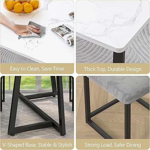 Miniatura 4 de Juego de mesa de comedor de 5 piezas para 4, moderna mesa de cocina de mármol sintético de 47.24 pulgadas con 4 sillas de terciopelo, elegante juego