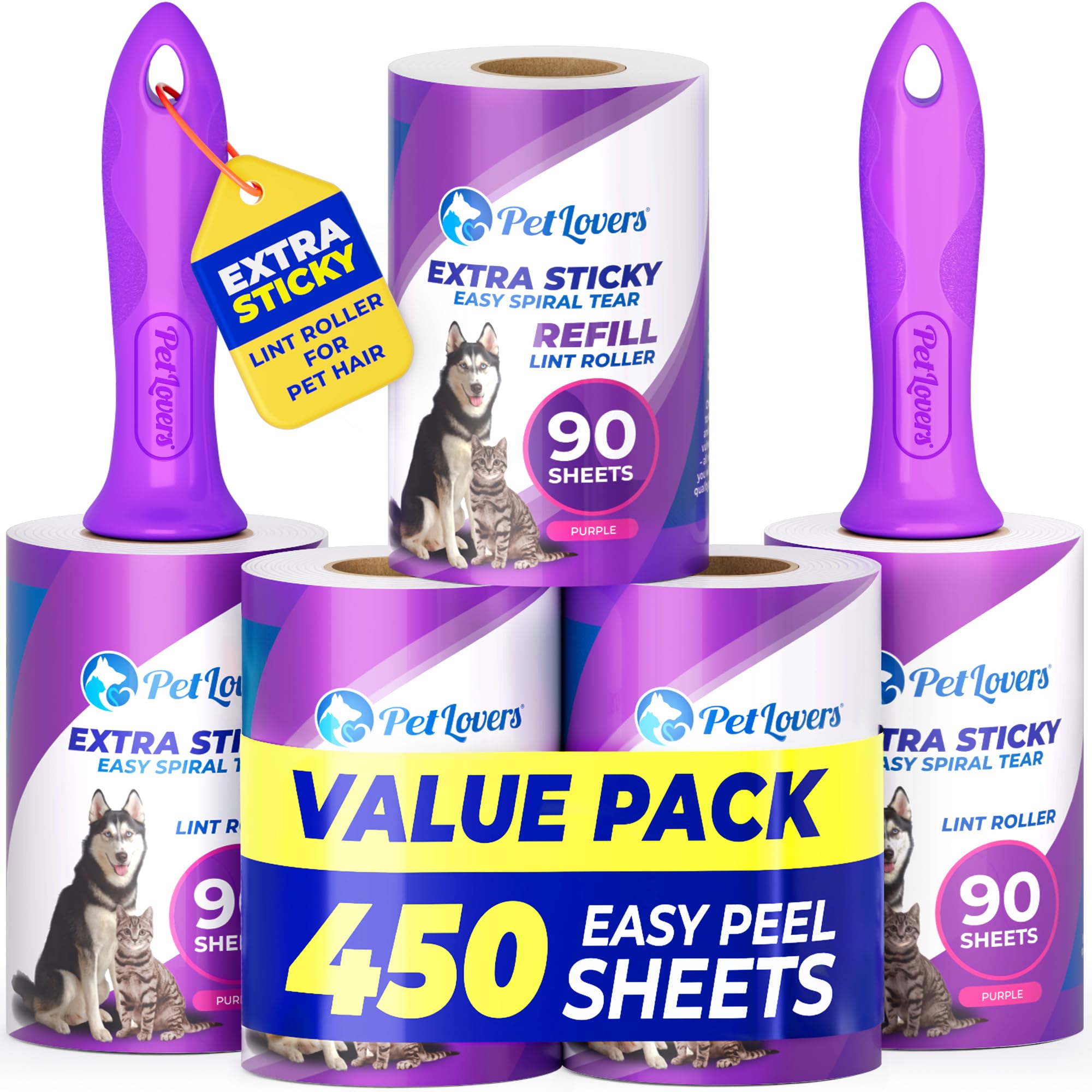 PetLovers Extra stark haftende Fusselrolle Mega-Vorteilsset mit 450 Blättern zum Entfernen von Tierhaaren und Fusseln von Kleidung, Hunde- und Katzenfusselentferner, 5er-Pack Lila