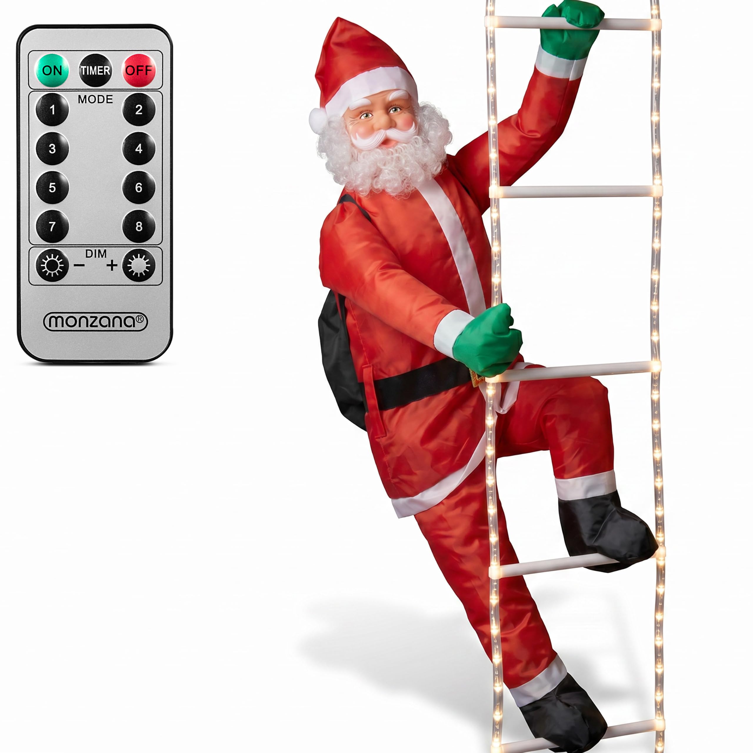 MONZANA LED Weihnachtsmann Leiter XXL In-/Outdoor Timer | 240 cm, 8 Leuchtfunktionen,100 LEDs, Fernbedienung, dimmbar, Santa Claus, Nikolaus, Weihnachten, Figur, Deko
