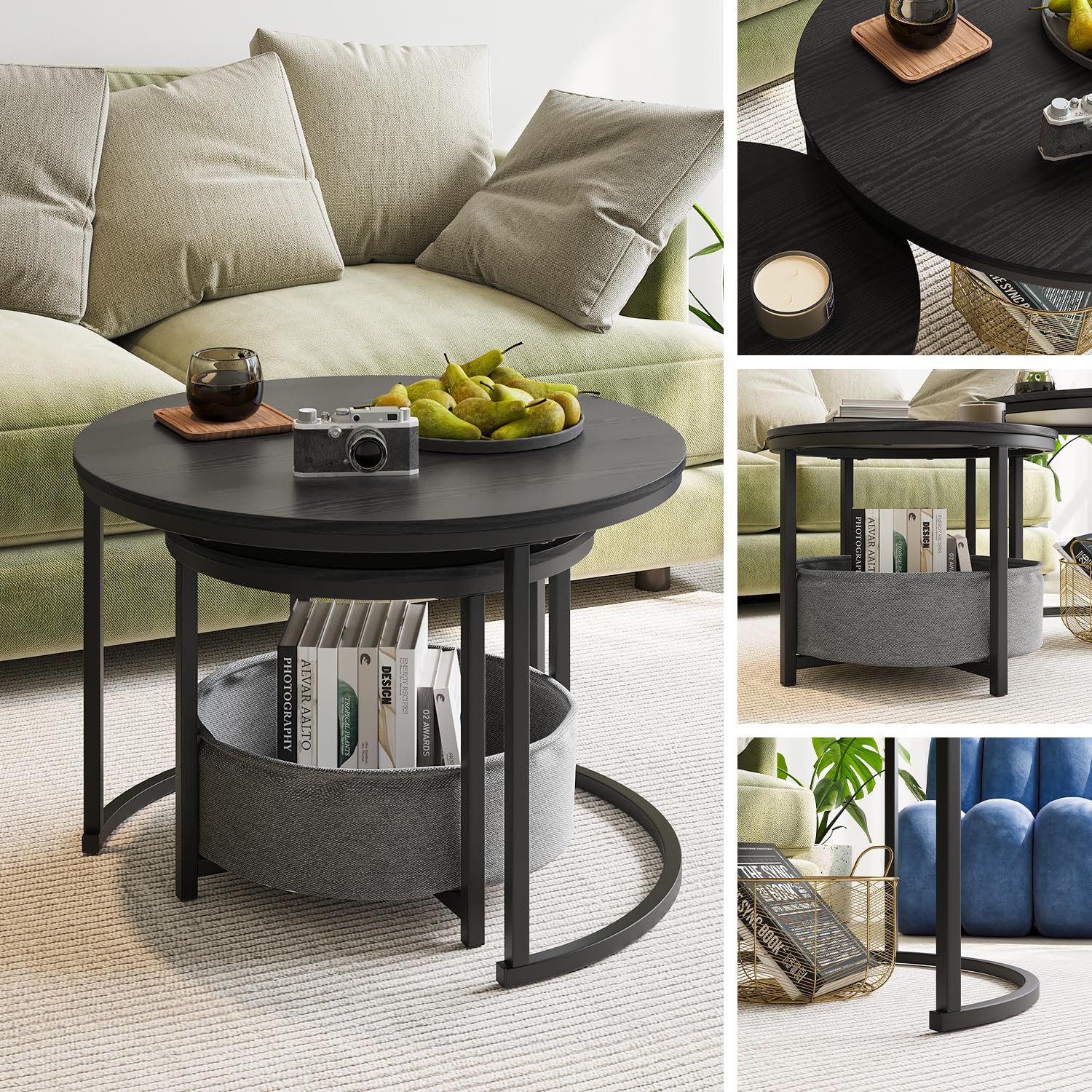 Industriële Nesteltafels Met Opbergtas, Zwart & Bruin