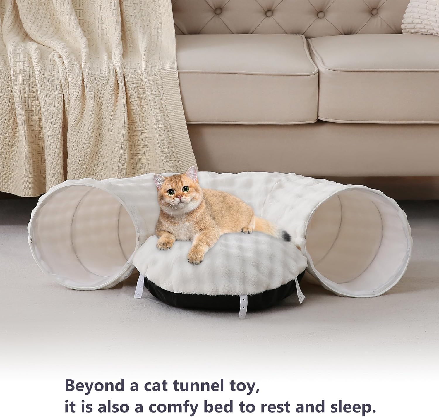 Bubble Cat Tunnel for Indoor Cats, Round Peekaboo Cave Toy with Dangling Balls, Donut Tunnel Bed with Circle Mat for Puppy Kitten Rabbit, Cream White