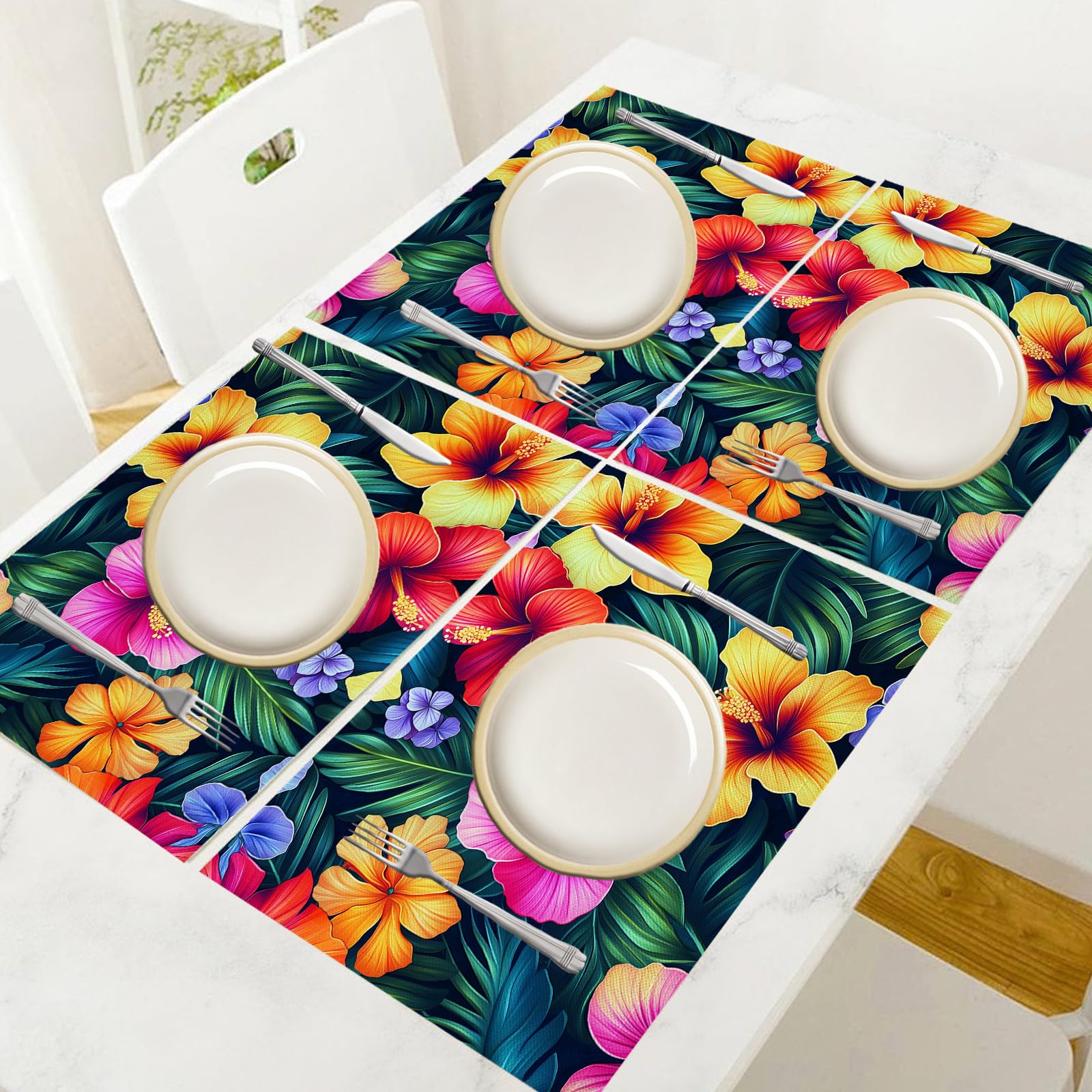 Set di 8 Tovagliette Americane Lavabili Cotone Lino Ibisco - Tovaglietta Americana Resistenti al Calore Durevole Fiori tropicali - per Colazione Pranzo 30×45 cm