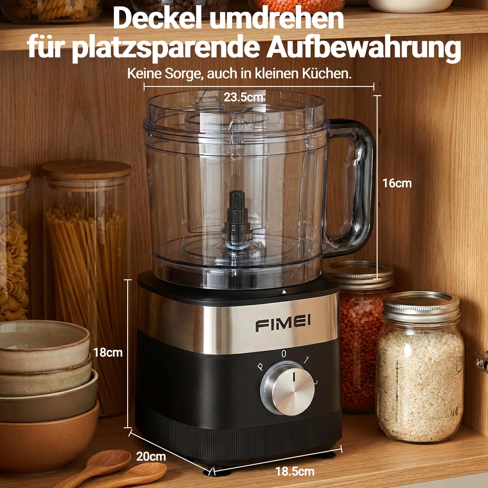 FIMEI Küchenmaschine 800W, 3 Geschwindigkeiten & Pulsfunktion, 1,5L Zerkleinerer, Teigkneter, Raspel, Wendeschneider, Emulgierscheibe, Doppelverriegelung, Kompakt & Platzsparend