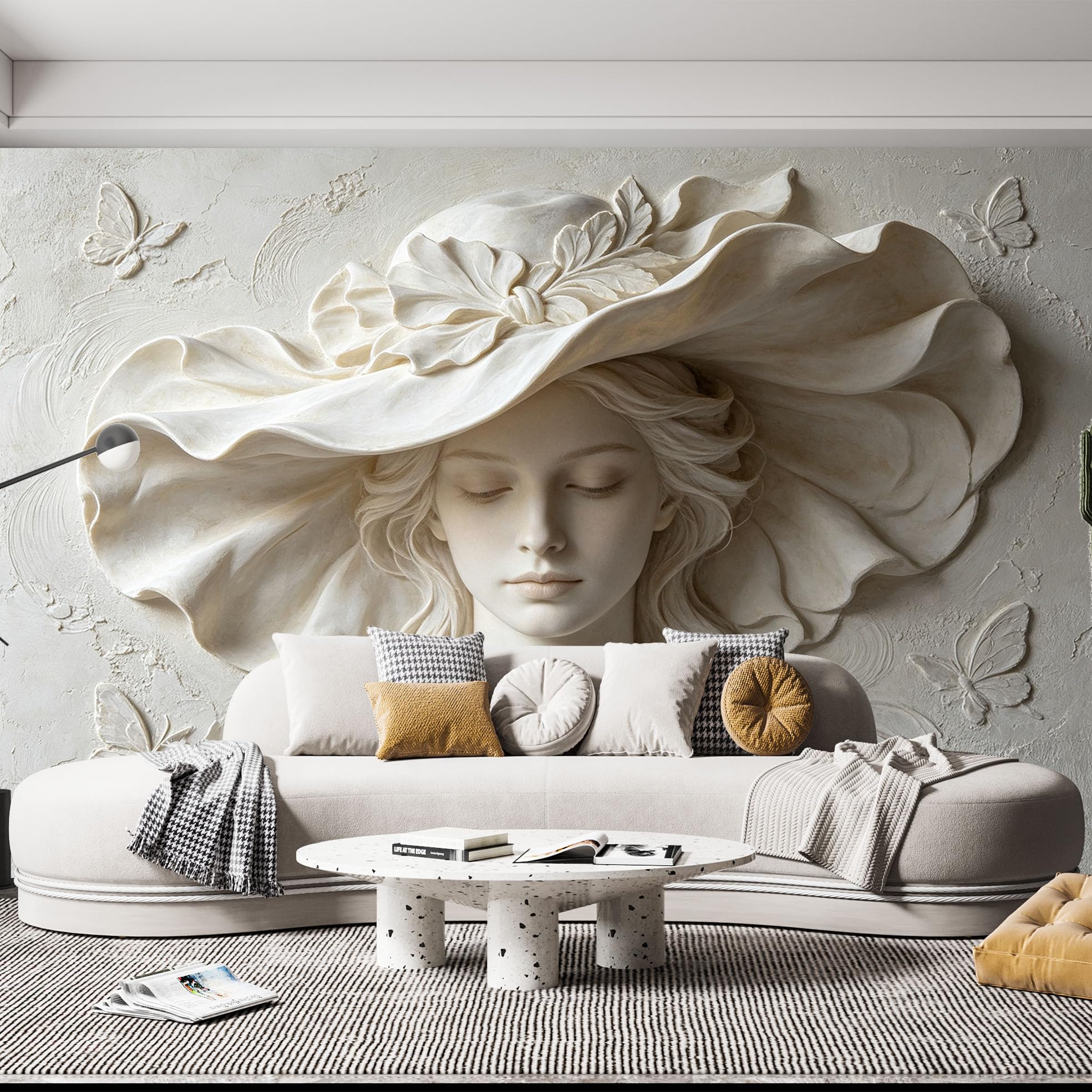 Fototapeta "Kobieta w kapeluszu kwiatowym" 3D Flower Woman Tapeta flizelinowa Art Nouveau Rzeźba Damska okładzina ścienna 371 x 280 cm Kremowy Beżowy Akcent Dekoracja Ścienna Do Salonu Sypialni TV