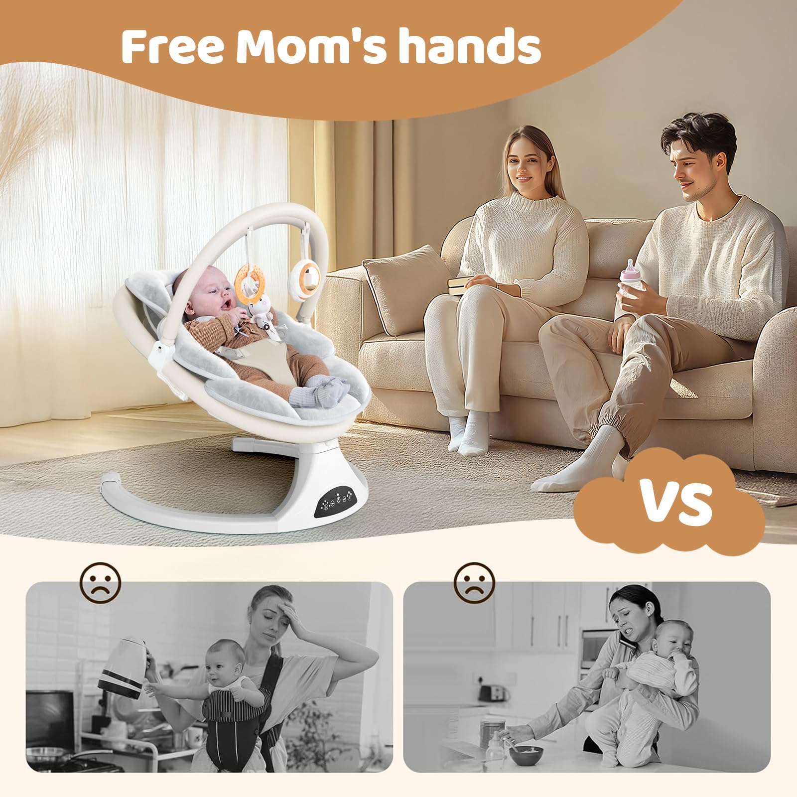 Electric Baby Swing with Remote Control - 5 Natural Motion Speeds, Detachable Seat Pad | Portable Infant Swing for Indoor/Outdoor Use (0-12M, 27lbs) (Beige)
