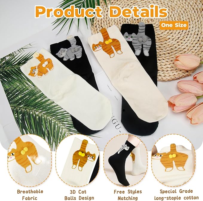 4 Pares Calcetines de Gato 3D para Mujer, Algodón, Novedad, Regalo miniatura 4