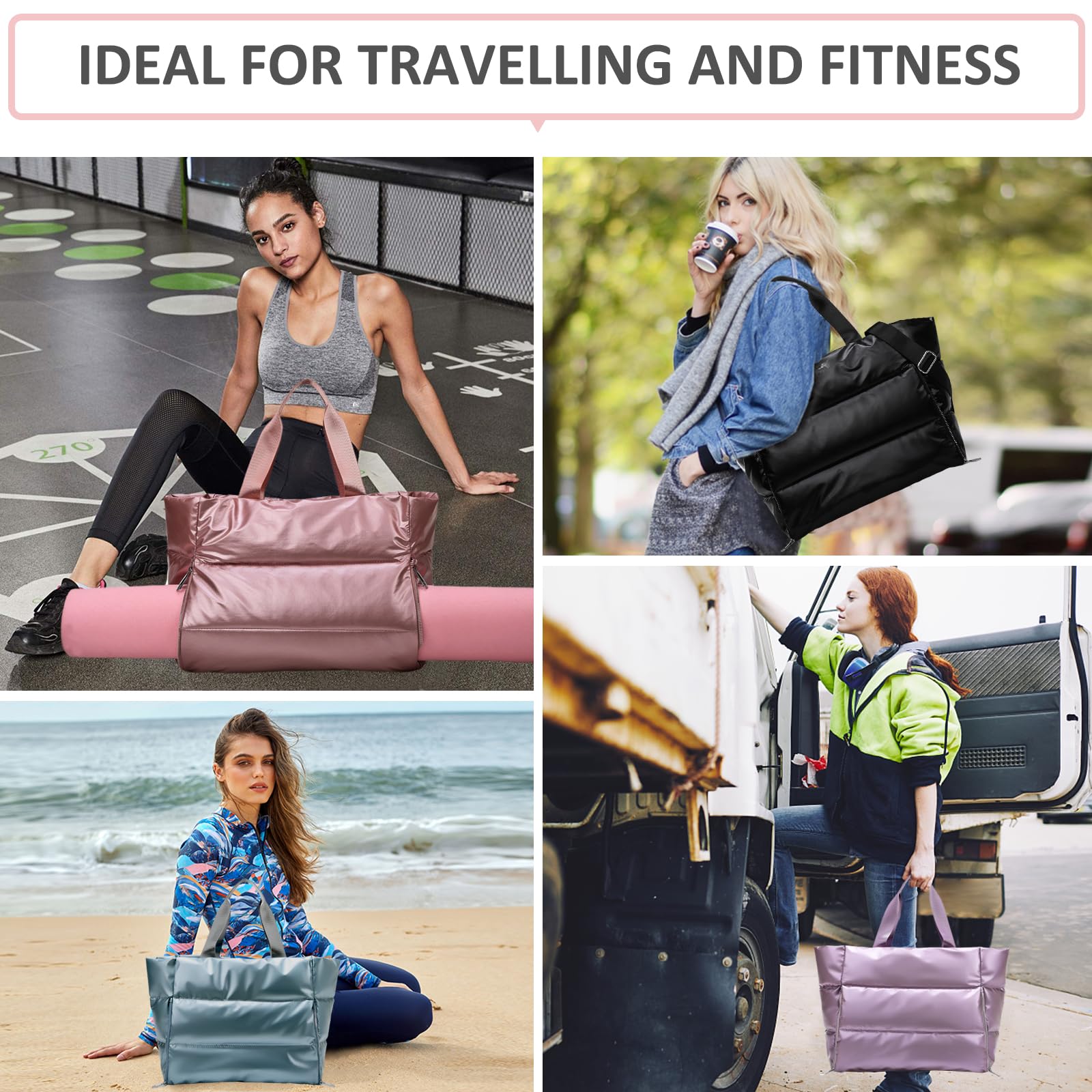 Balakaka Borsa Mano da Donna 35L con Cerniera, 3 in 1 Grande Puffer Tote Bag con Tasca Bagnata e Asciutta, Impermeabile Borsa da Trasporto Trapuntata per Palestra Nuoto Shopping