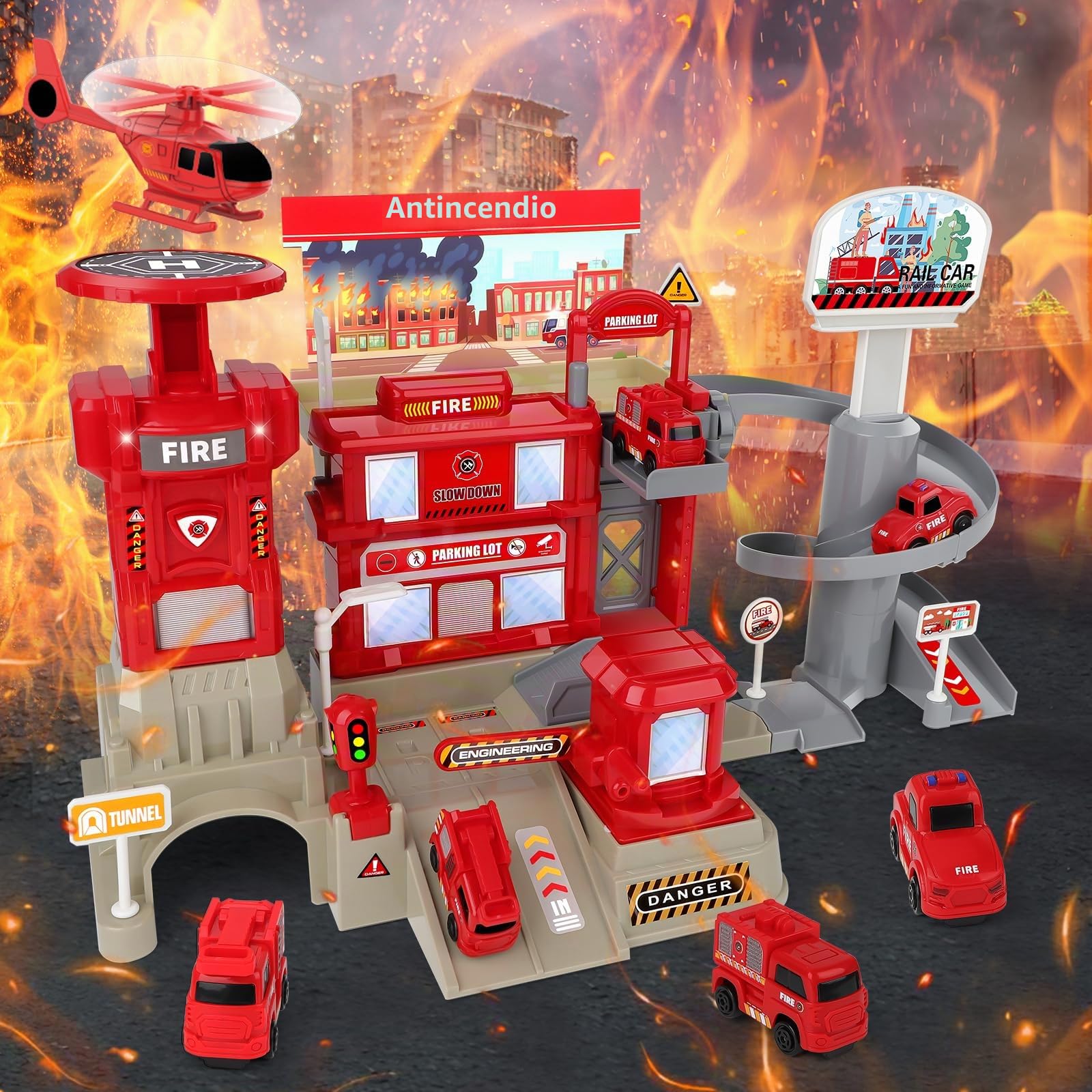 deAO Camion Pompieri Giocattolo 2 Piani con 3 Auto ed Elicottero 3+ Anni | ABS, 27×40×23 cm, Garage Caserma con Luci e Suoni, Piattaforma Lancio, Ascensore, 5 Cartelli + Adesivi, Gioco di Salvataggio