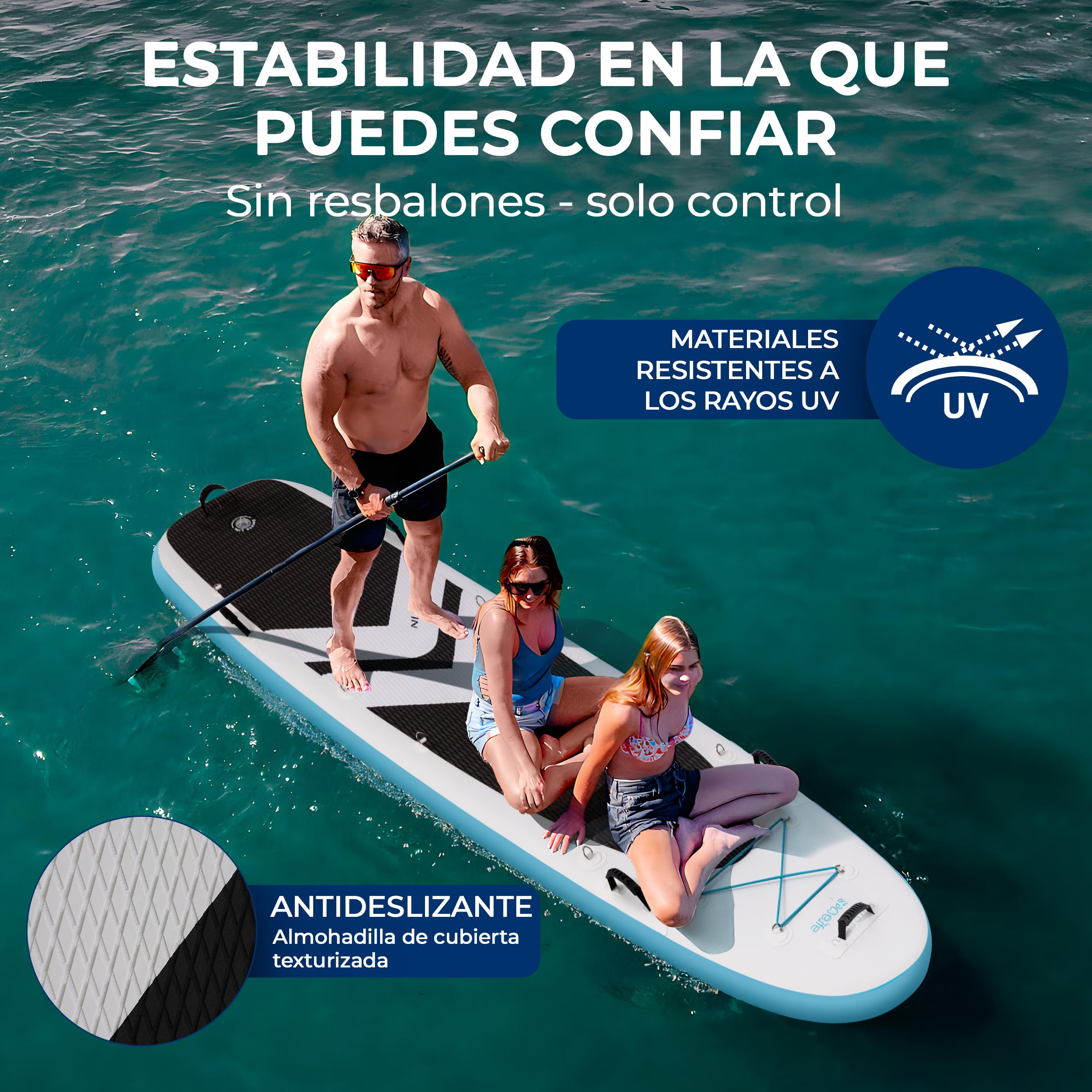 SereneLife Tabla de Paddle Surf Inflable XL, 371 cm, con Almohadilla EVA Antideslizante, Estable, 86 cm de Ancho, Accesorios Premium, Capacidad de 200 kg para 2 Adultos y 1 Niño