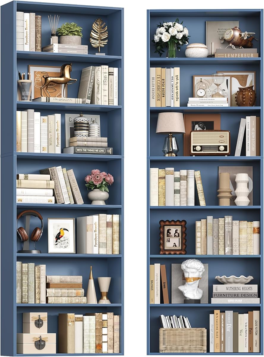 Juego de 2 estanterías de 82 pulgadas de alto, estantería doble de 7 niveles, azul | Librería extra alta con almacenamiento, estanterías de piso a techo, estantería estrecha para decoración del hogar, muebles para oficina, sala de estar