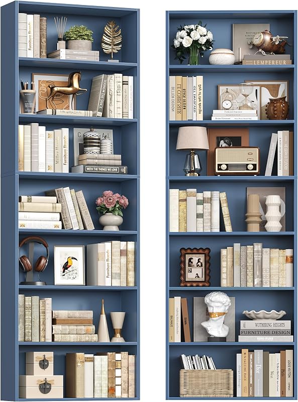 Juego de 2 estanterías de 82 pulgadas de alto, estantería doble de 7 niveles, azul | Librería extra alta con almacenamiento, estanterías de piso a techo, estantería estrecha para decoración del hogar, muebles para oficina, sala de estar