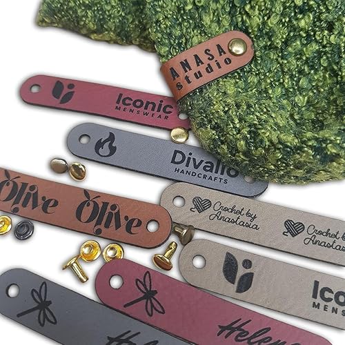 Customized 2.5 x 0.5 in Faux Leather Product Tags With Rivets Personalized Tags for Knitting and Crochet, Cute Labels Handmade Perfect for Hats