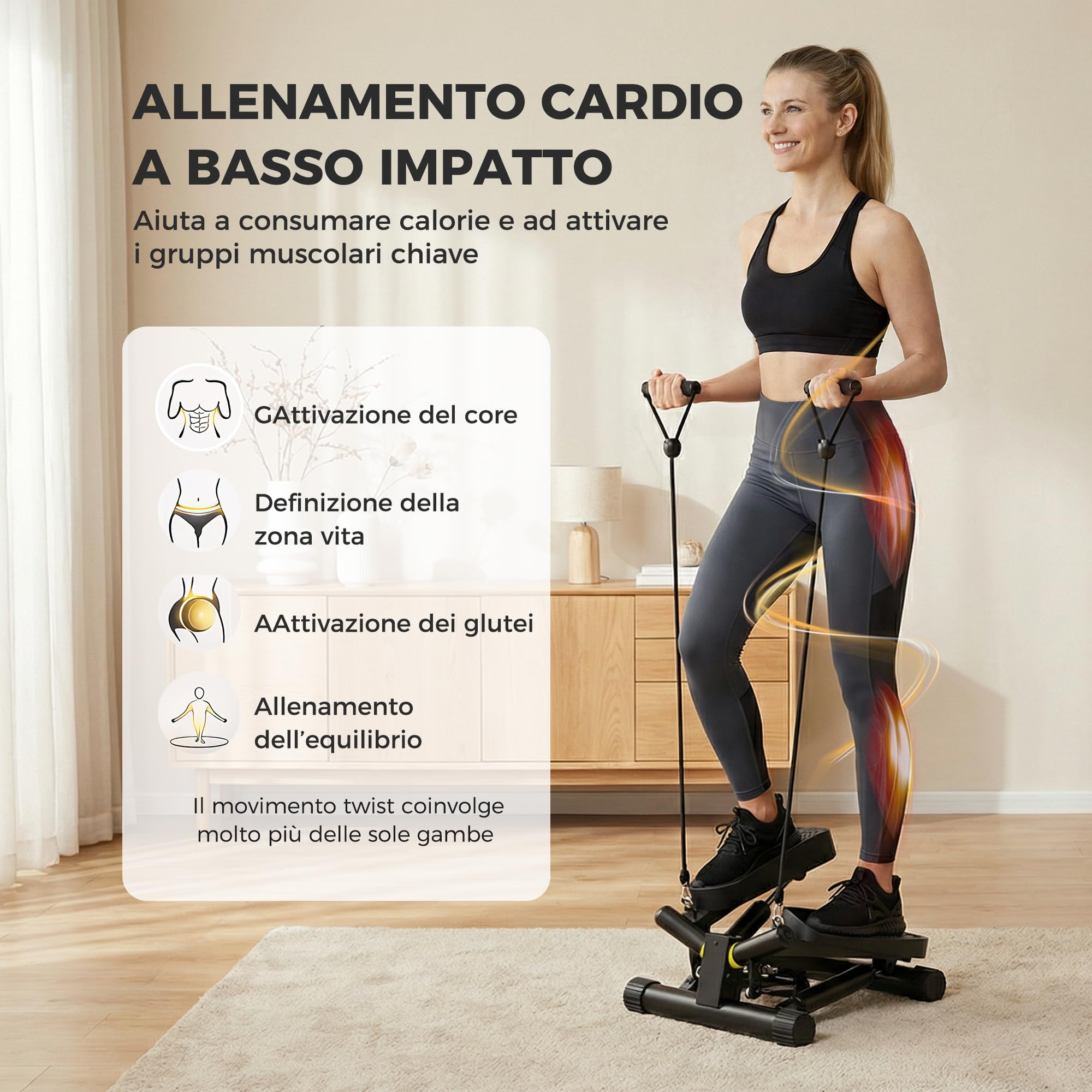 NICEDAY Stepper Twist per Allenamento, Mini Stepper da Casa con Fasce di Resistenza e Monitor LCD, Salvaspazio, Pedali Antiscivolo, Allenamento Total Body