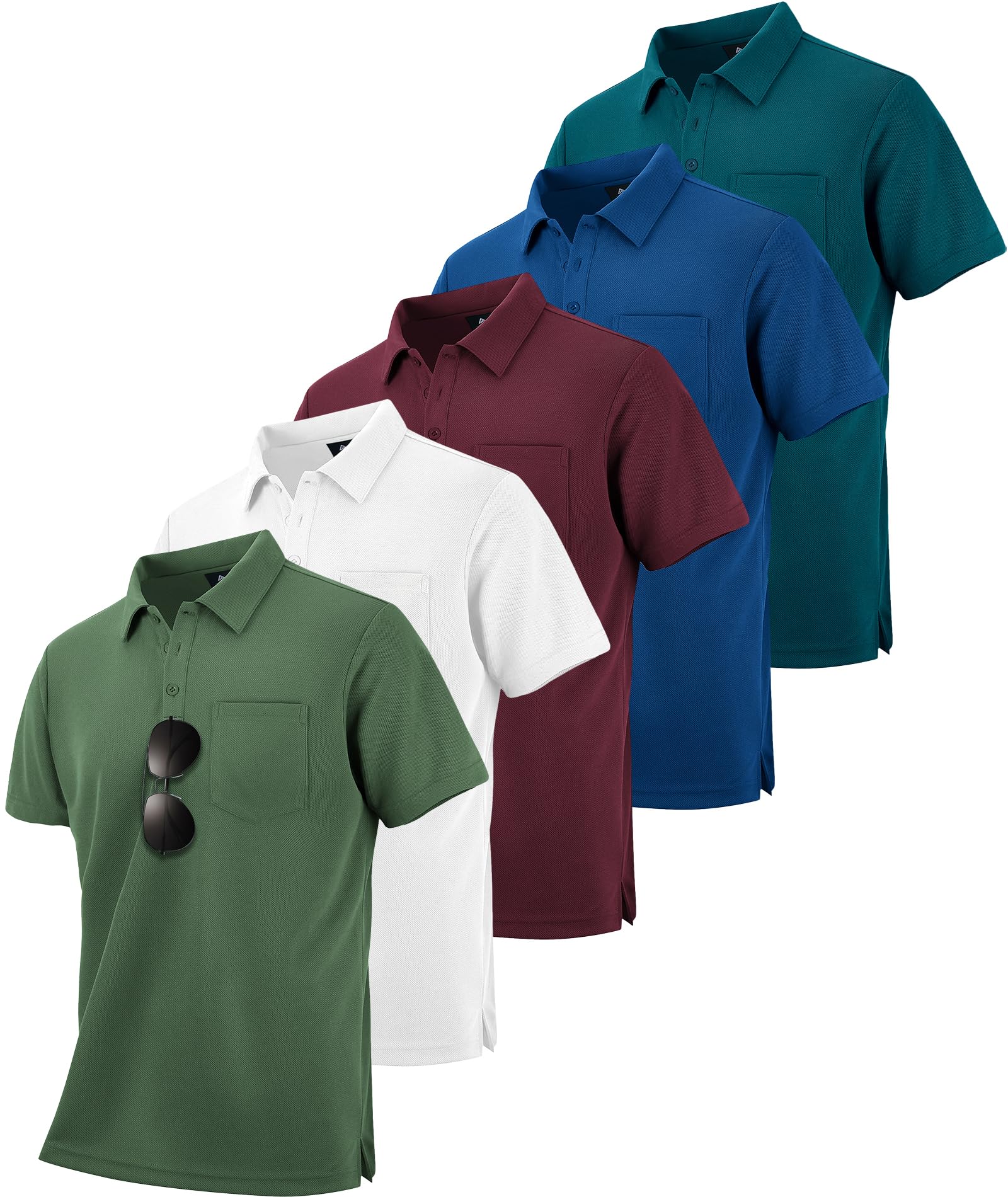 JACKETOWN Confezione da 5 polo da uomo a maniche corte, estive, elasticizzate, traspiranti, sportive, da golf, con bottoni, taglie M-3XL