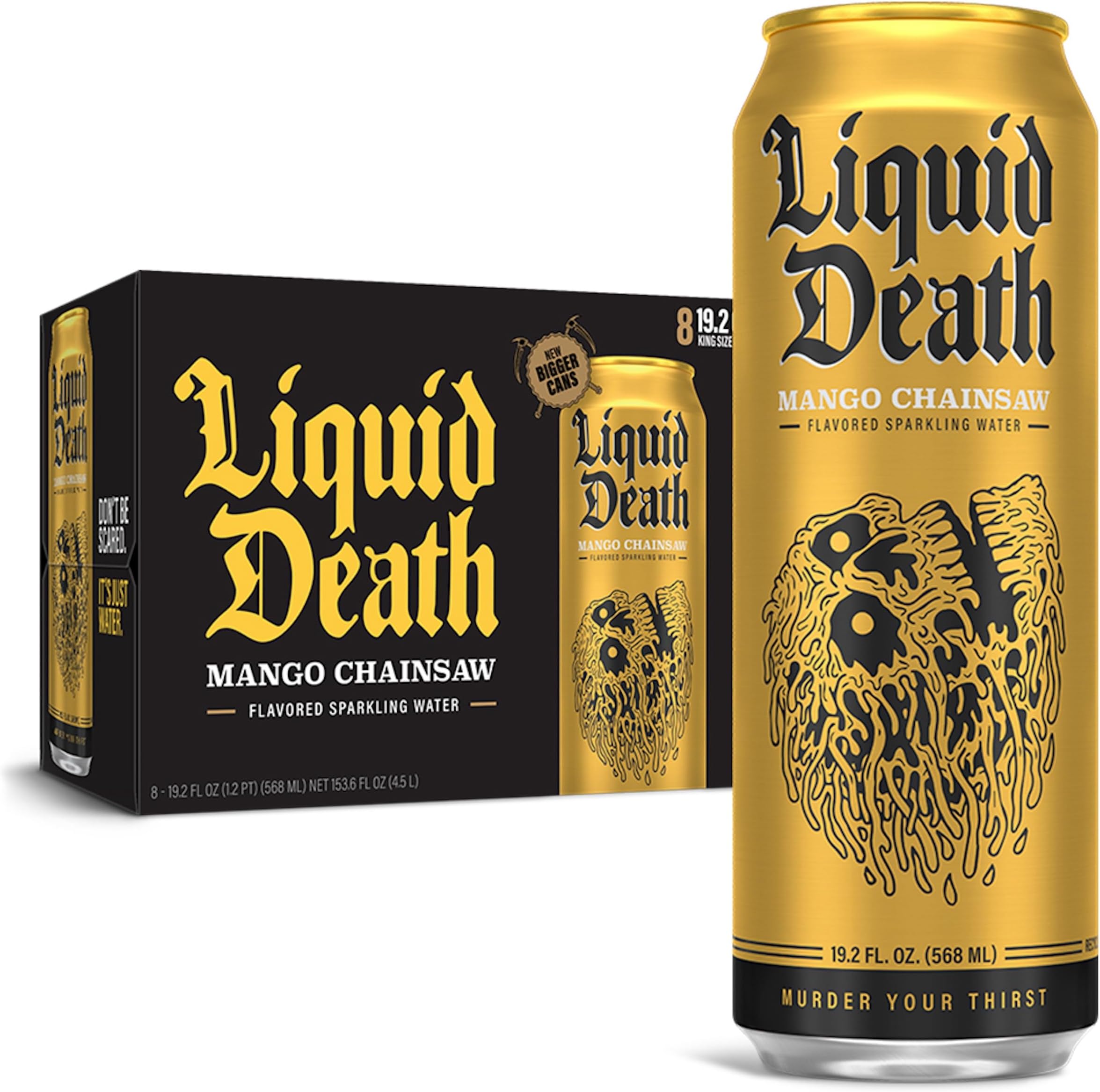Liquid Death, Mango Chainsaw, Mango-Flavored Sparkling Water, 8-Pack (19.2oz Cans), Low Calorie & No Artificial Sweeteners