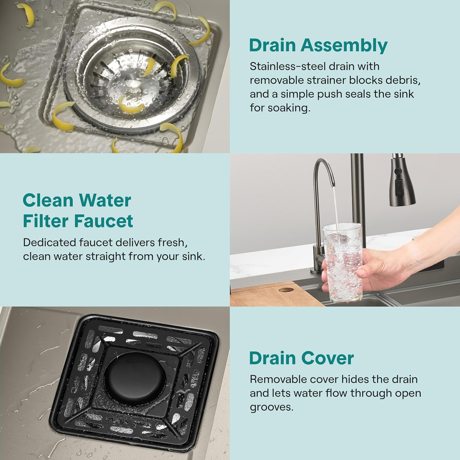 Images showing the drain assembly, clean water filter faucet, and drain cover features of the sink.