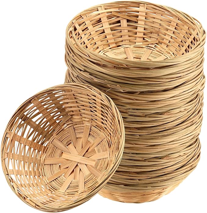 JEUIHAU 12 PCS Bamboo Bread Basket, Round Wicker Bread Basket Natural