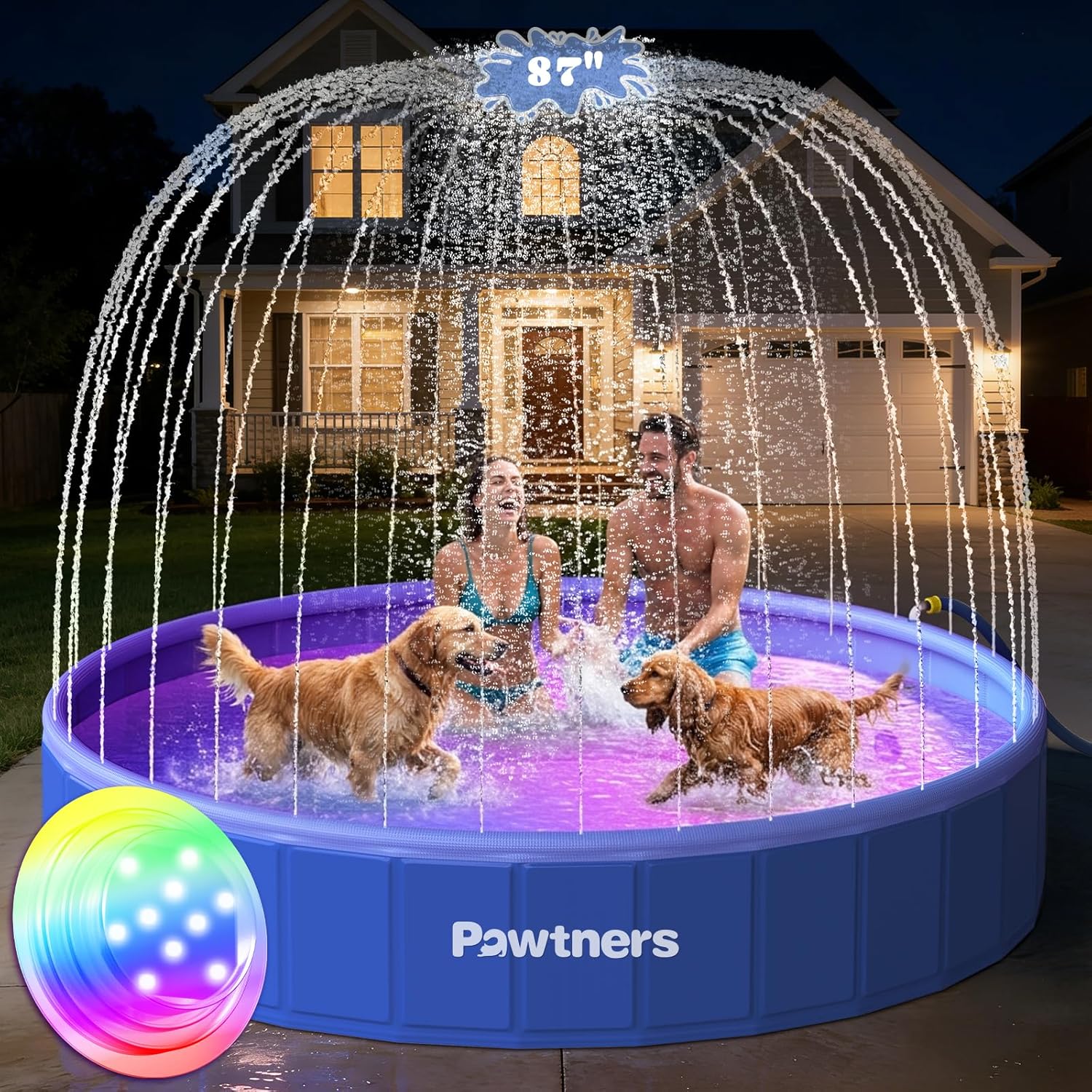 Pawtners 87" Foldable Dog Pool with Sprinkler & RGB LED Light, Collapsible Hard Plastic Swimming Pool for Small Large Dogs Cats, Portable Pet Bathing Tub Wading Pool for Backyard Camping Beach Blue