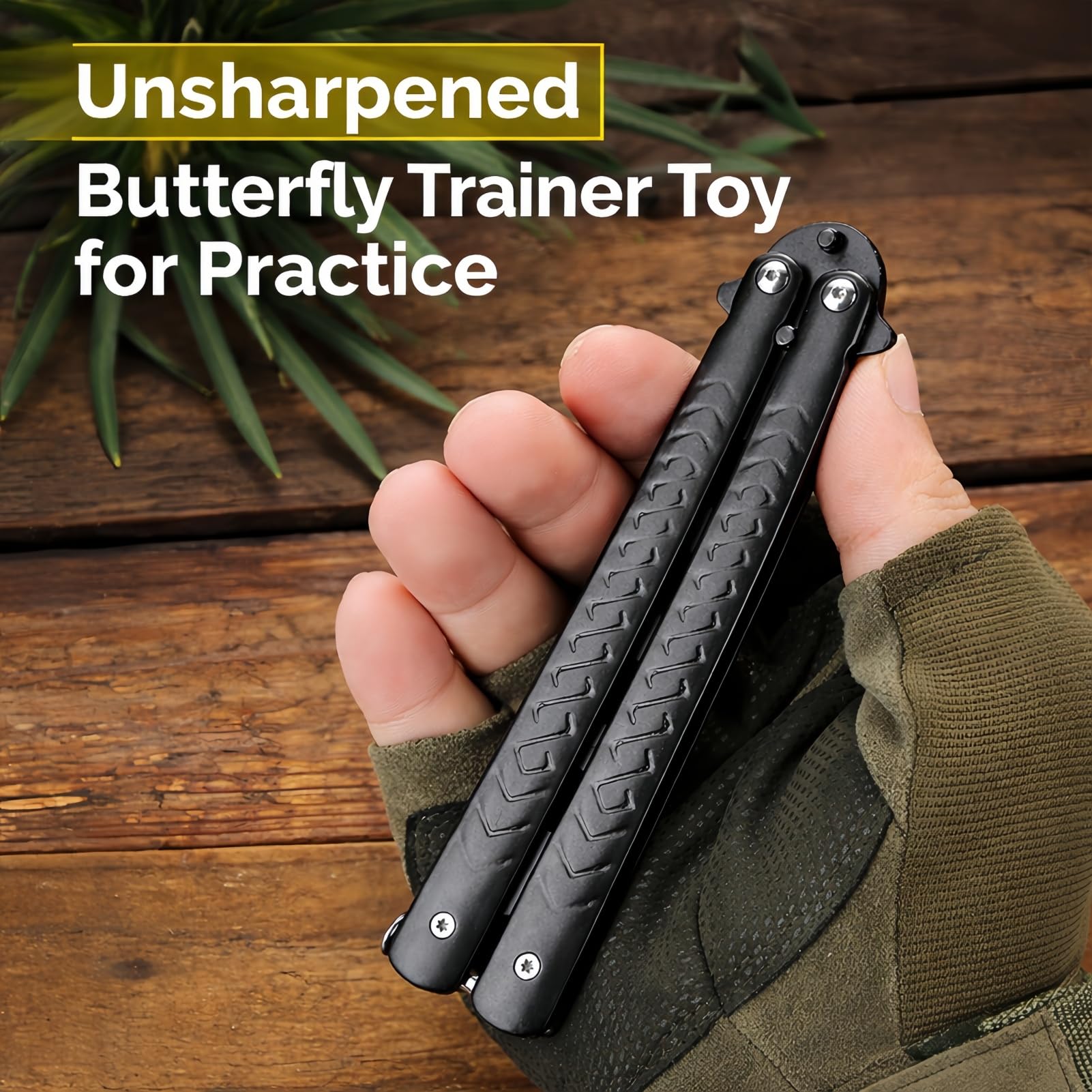 Balisong Trainer Cuchillo Mariposa de Entrenamiento, Acero Inoxidable, Hoja Roma sin Filo, Seguro (Negro+Color)